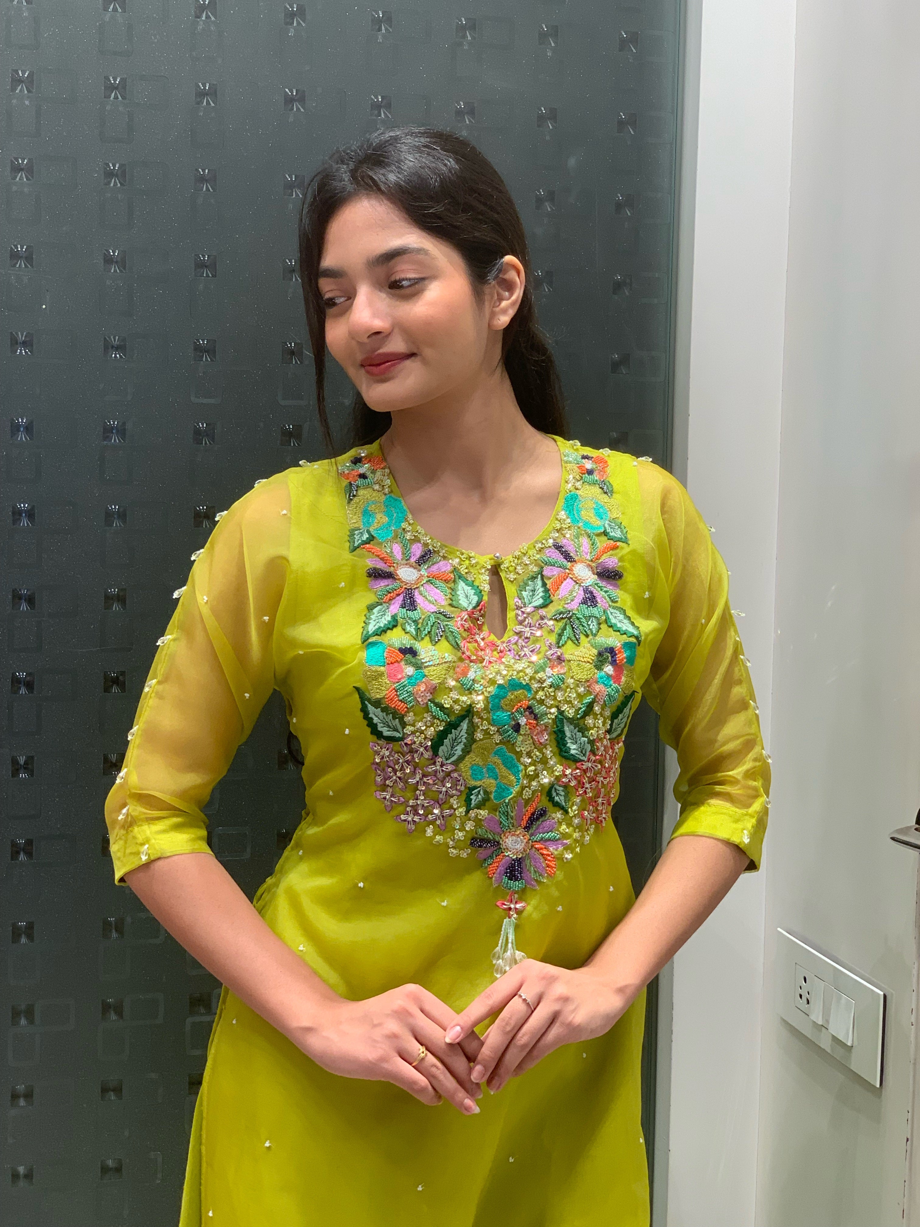 Green & Orange Soft Organza Crop Top, Kurta & Palazzo Pants Suit Set