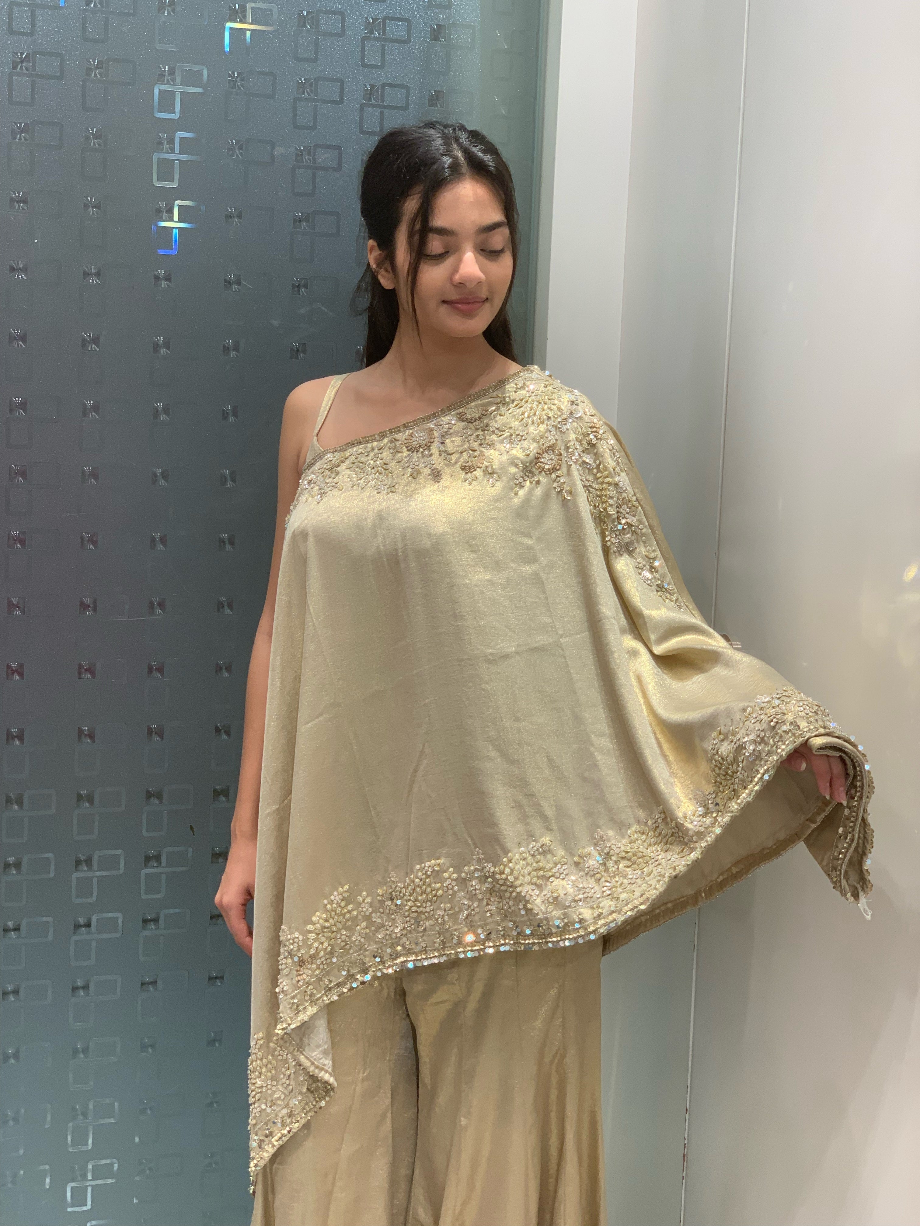 Beige Imported Satin One Shoulder Indo Western