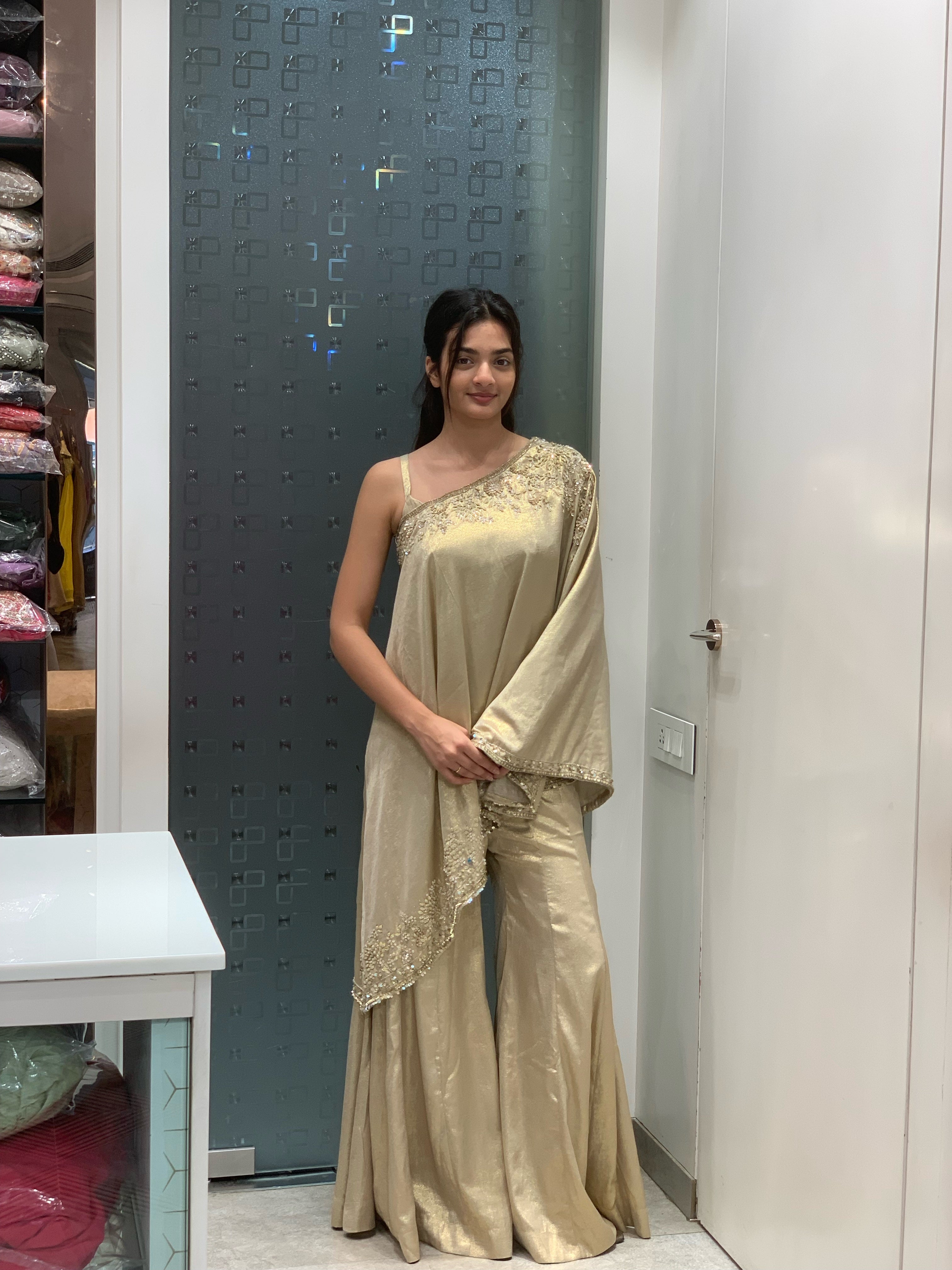 Beige Imported Satin One Shoulder Indo Western
