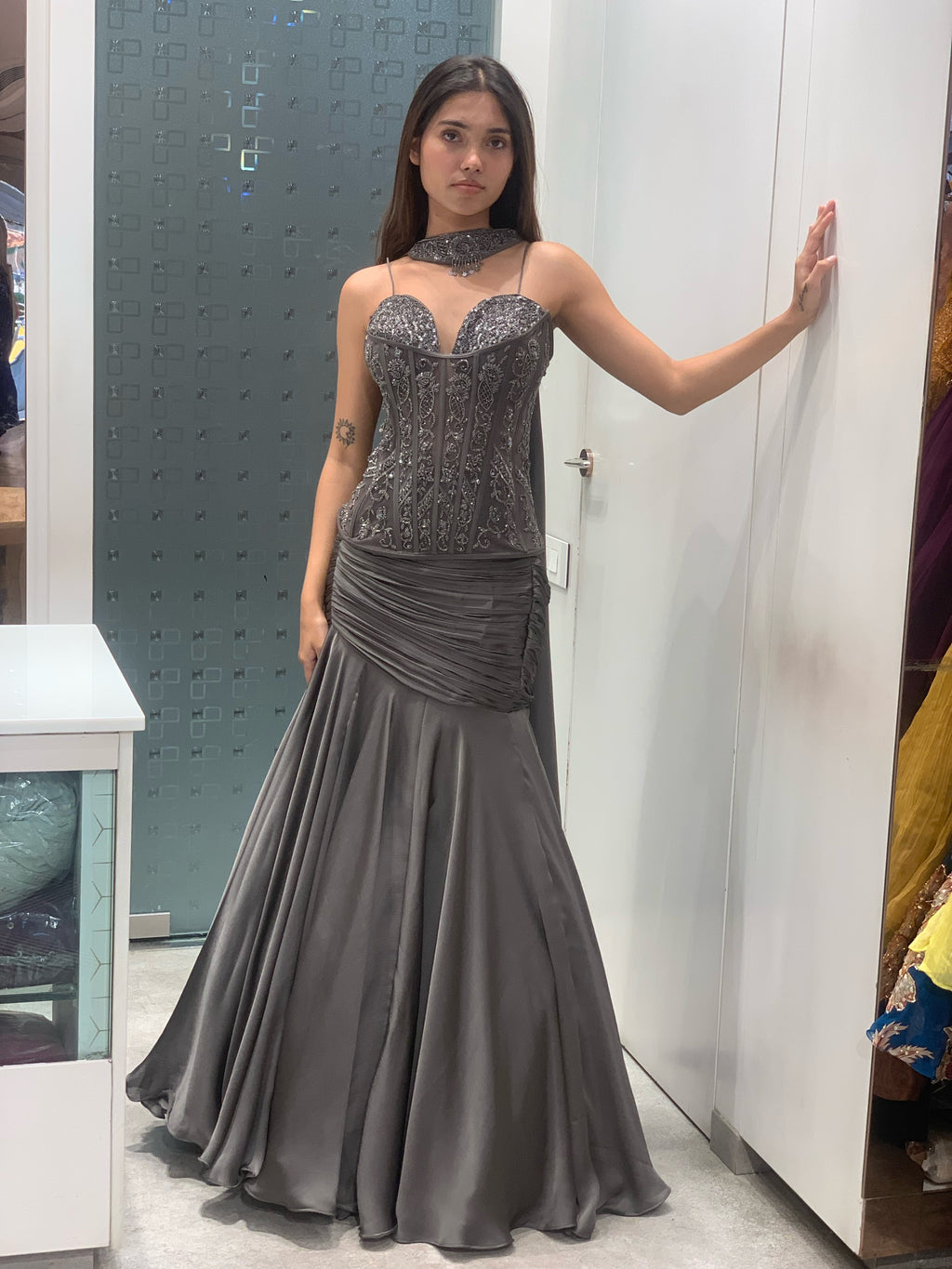 Grey Net & Satin Complete Work Long Corset Top & Pleated Hip Cut Lehenga