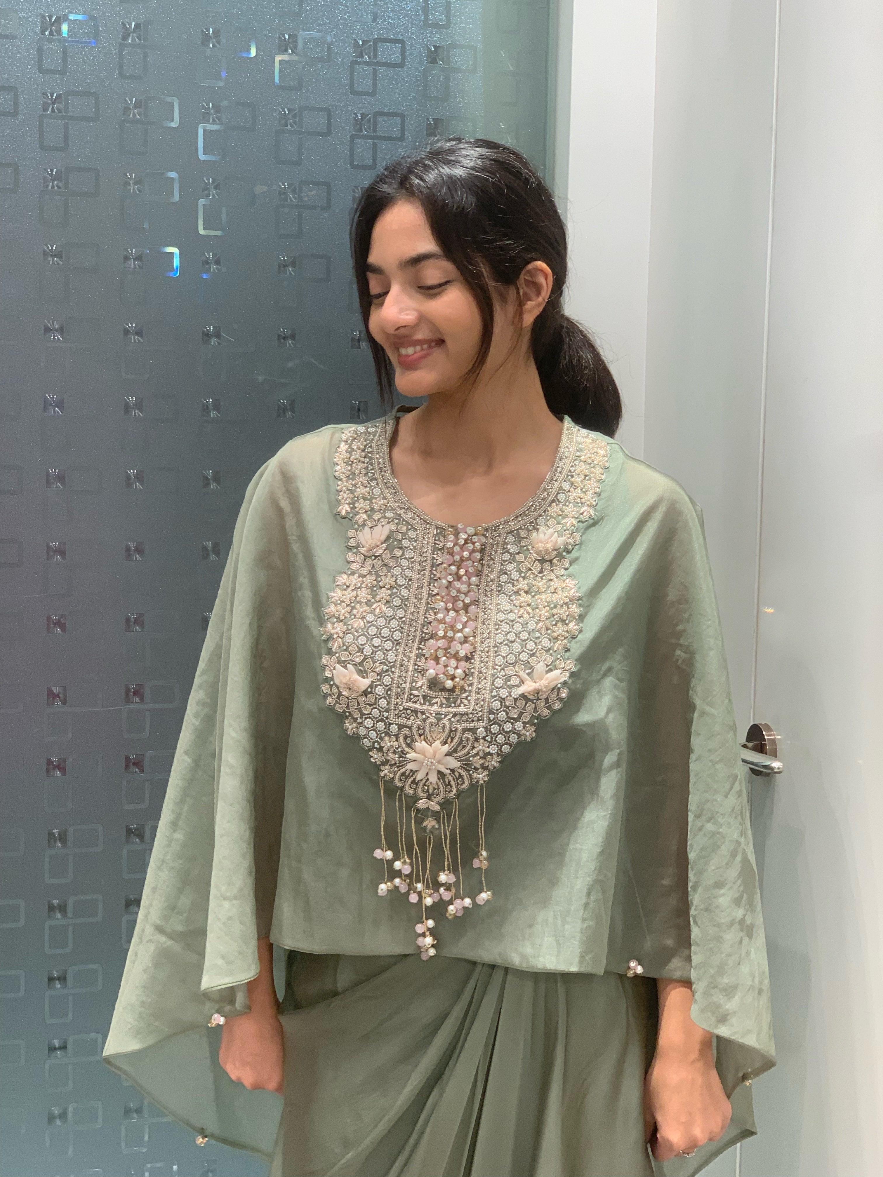 Pastel Green Soft Organza Kaftan & Satin Drape Skirt Indo Western Set