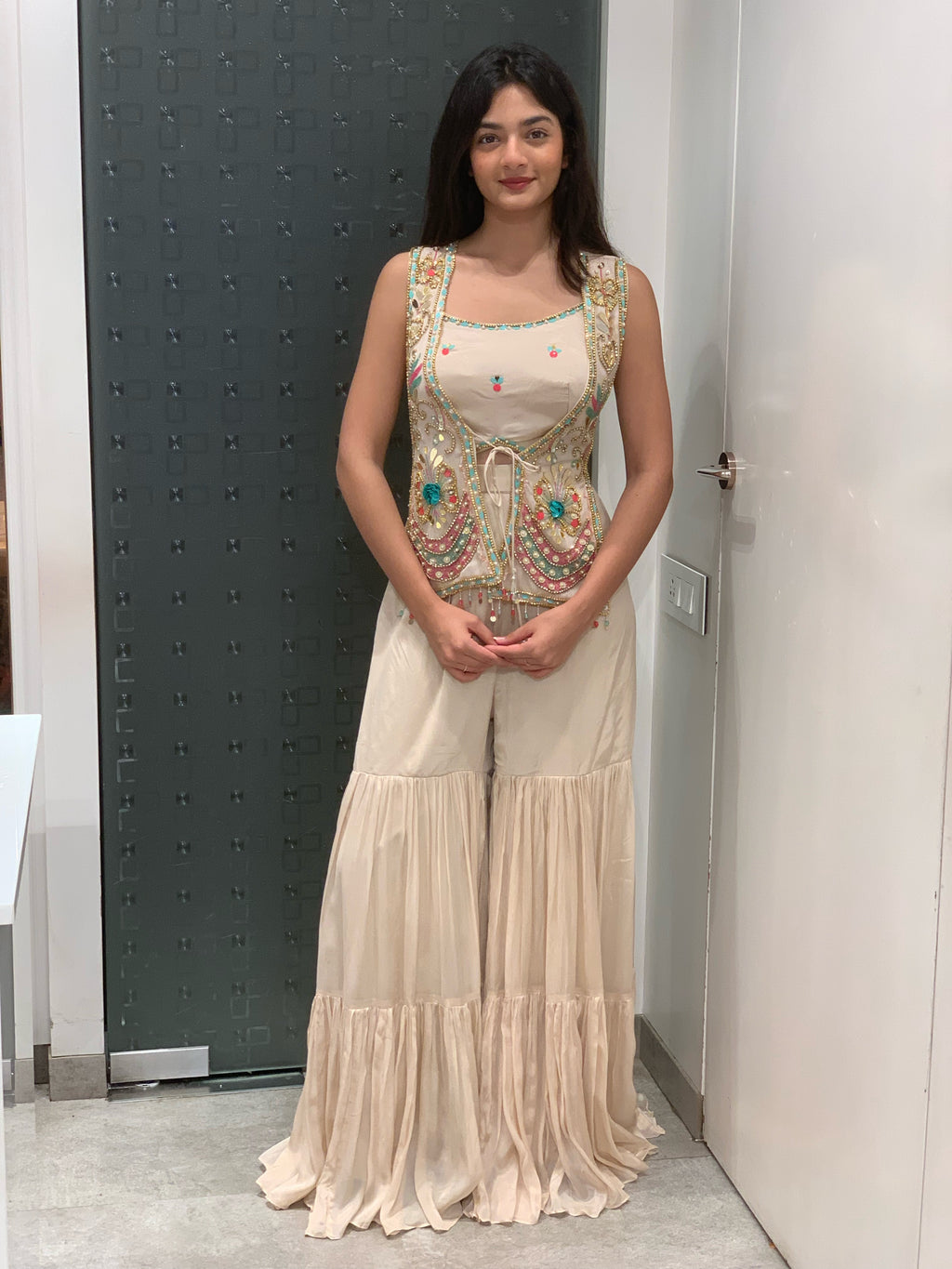 White Georgette Crop Top, Sharara Pants & Cape Indo Western Set