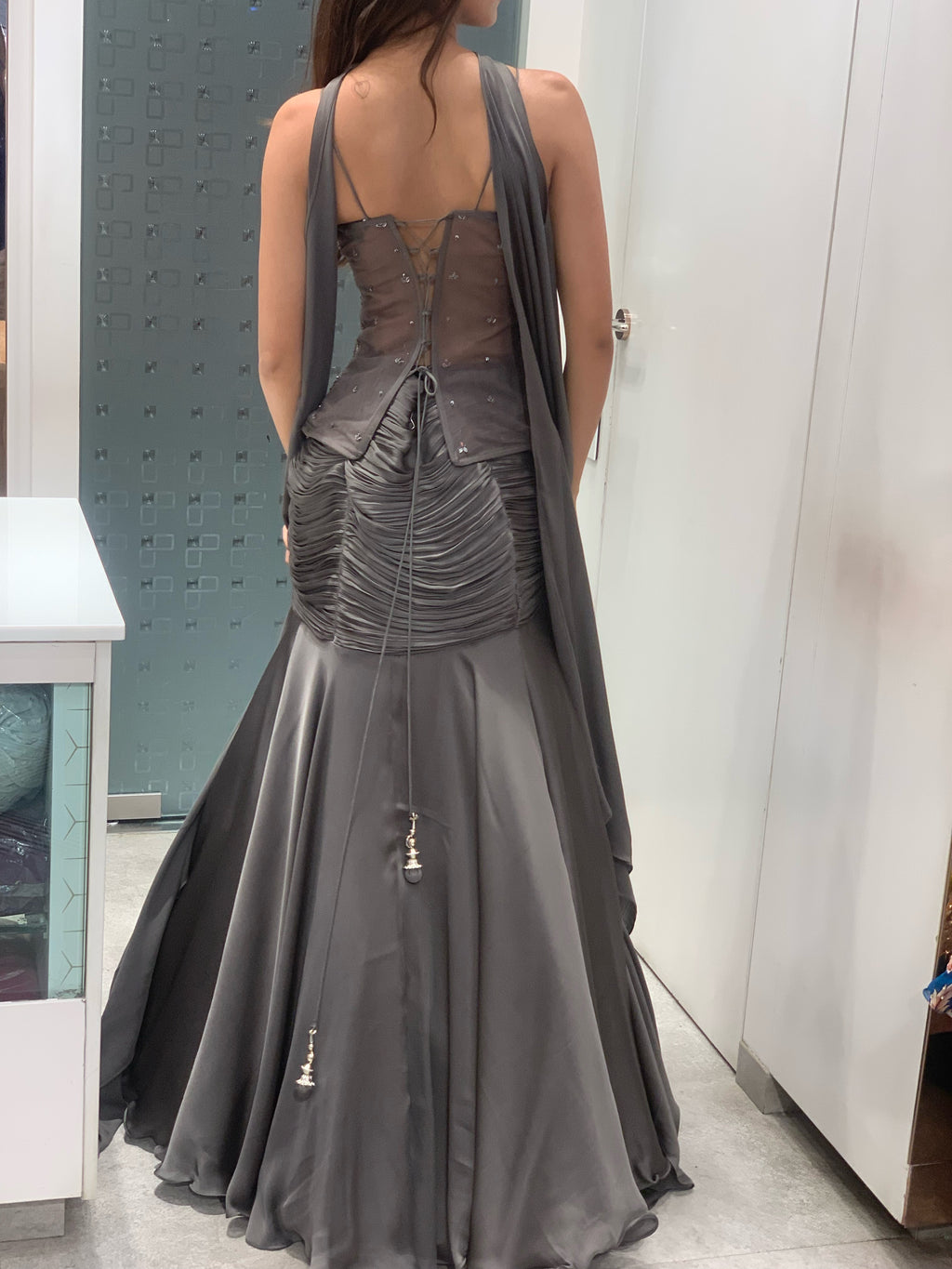Grey Net & Satin Complete Work Long Corset Top & Pleated Hip Cut Lehenga
