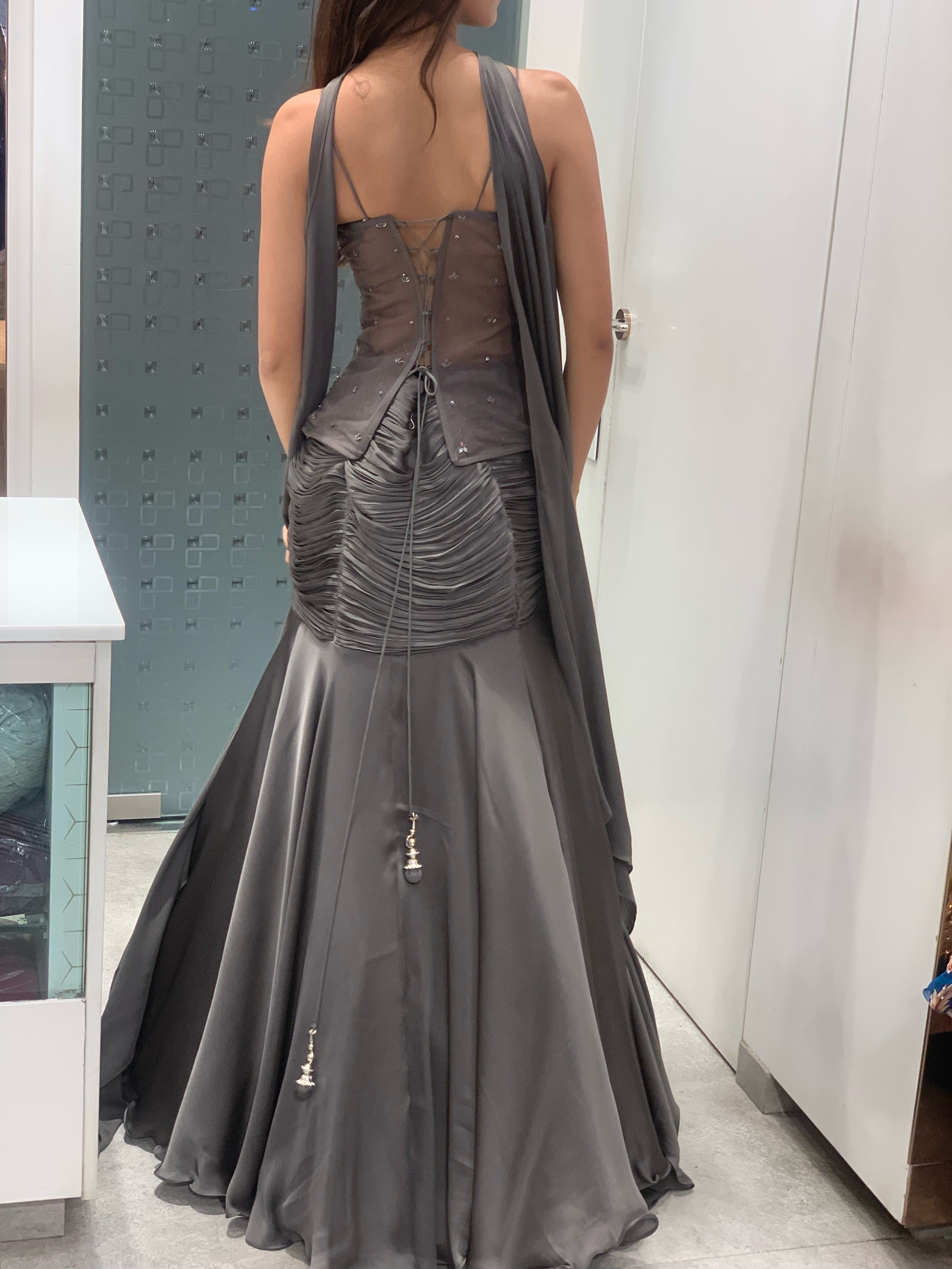 Grey Net & Satin Complete Work Long Corset Top & Pleated Hip Cut Lehenga