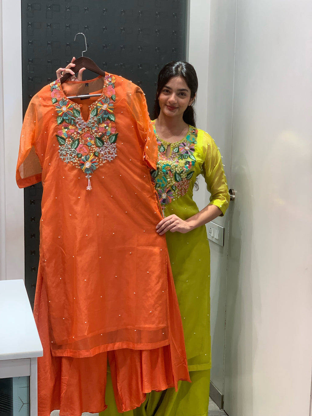 Green & Orange Soft Organza Crop Top, Kurta & Palazzo Pants Suit Set