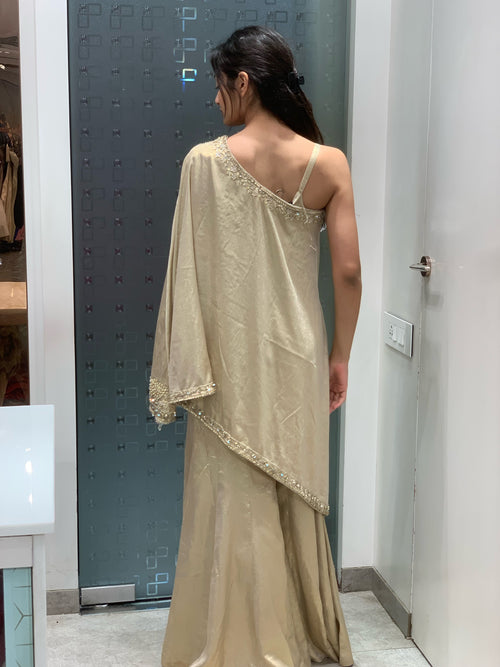 Beige Imported Satin One Shoulder Indo Western