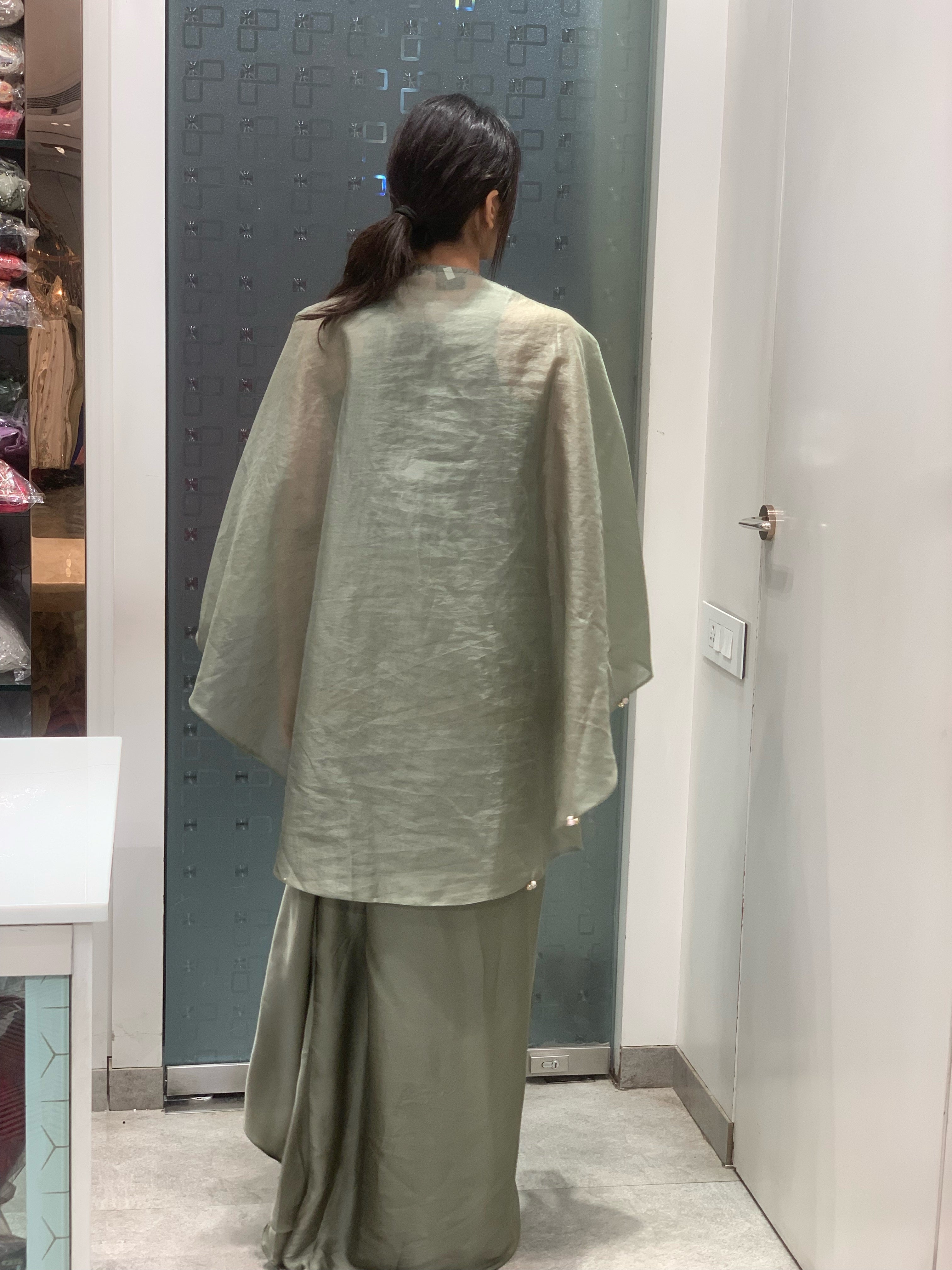Pastel Green Soft Organza Kaftan & Satin Drape Skirt Indo Western Set