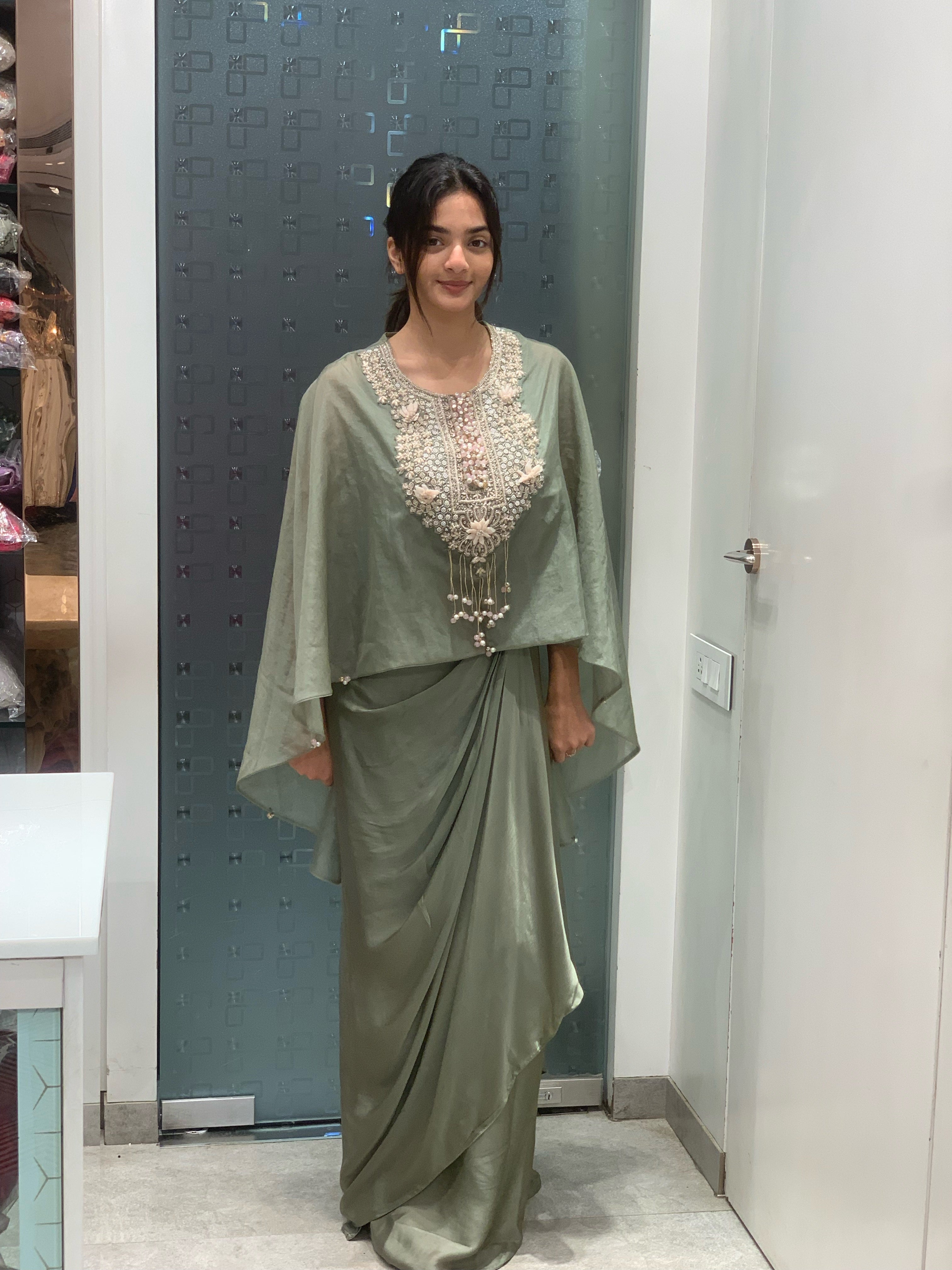 Pastel Green Soft Organza Kaftan & Satin Drape Skirt Indo Western Set