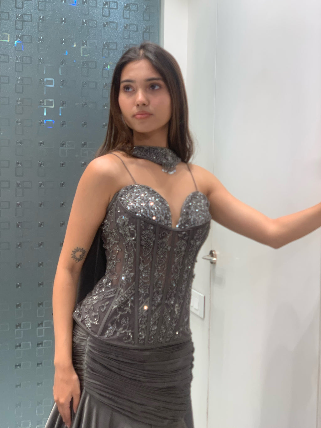 Grey Net & Satin Complete Work Long Corset Top & Pleated Hip Cut Lehenga