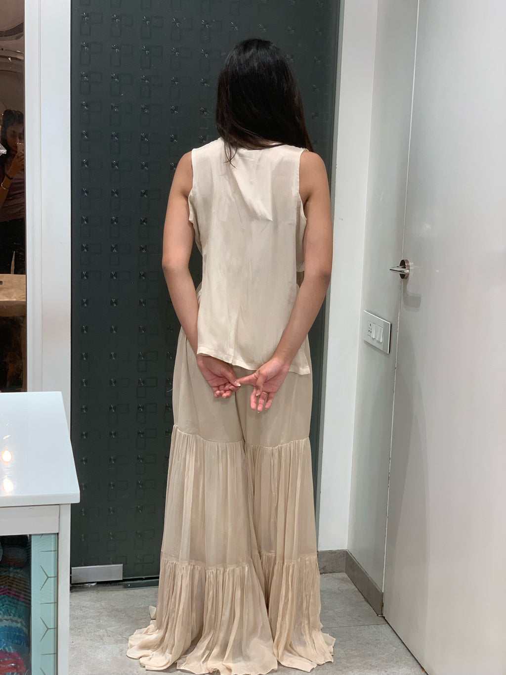 White Georgette Crop Top, Sharara Pants & Cape Indo Western Set