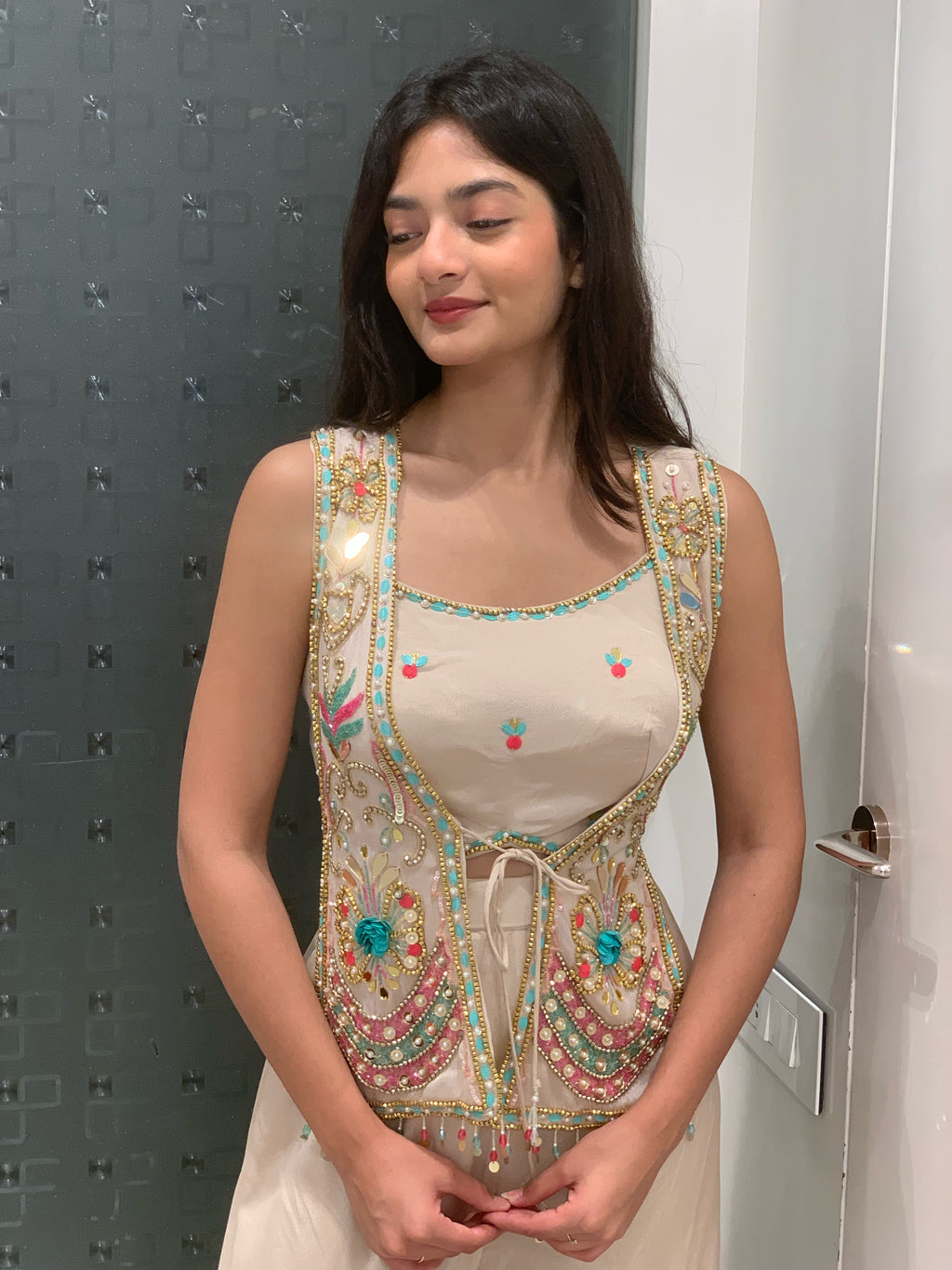White Georgette Crop Top, Sharara Pants & Cape Indo Western Set