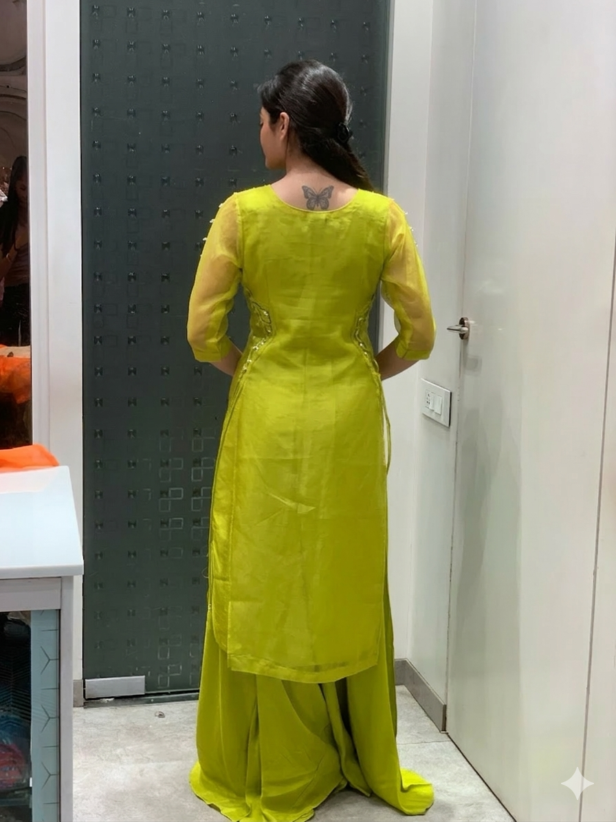 Green & Orange Soft Organza Crop Top, Kurta & Palazzo Pants Suit Set