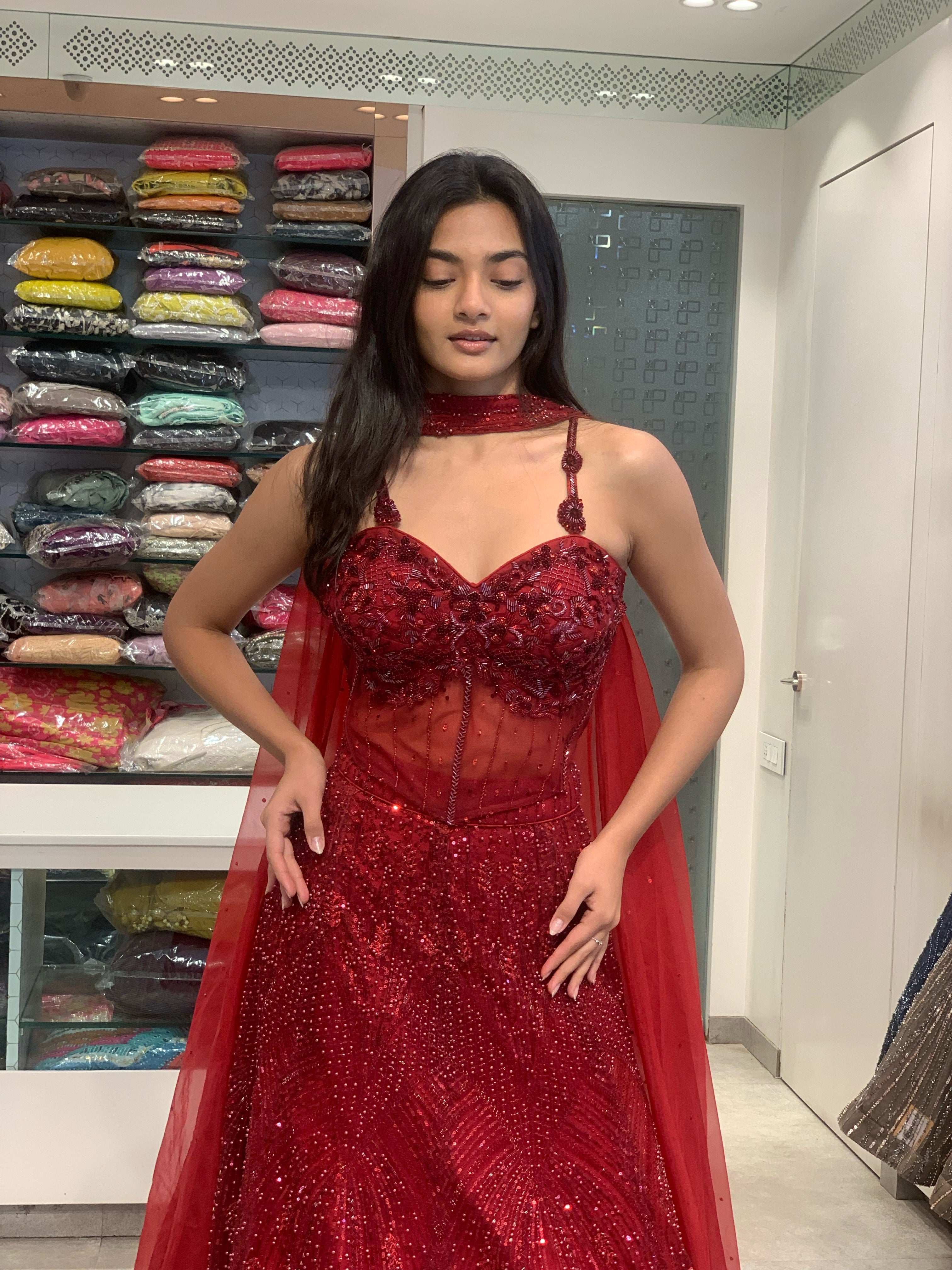 Red Net Corset & Fish Cut Lehenga
