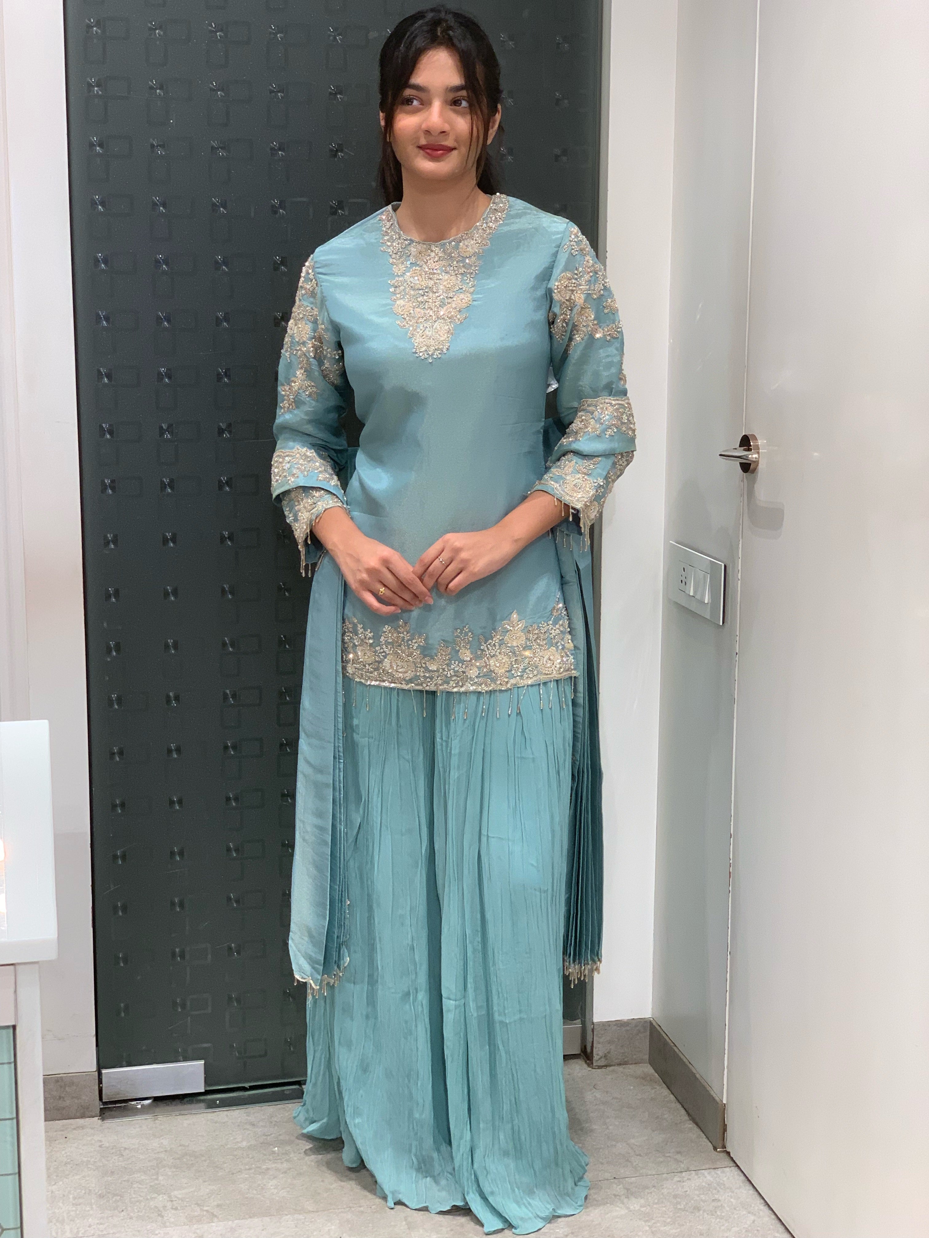 Blue Short Kurti & Bell Bottom Pants Indo Western Set