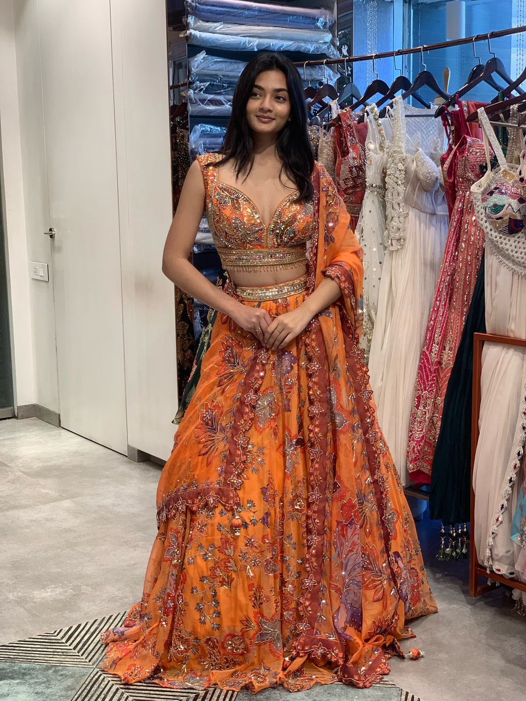 Orange Mahima Mahajan Inspired Soft Organza Blouse & Lehenga