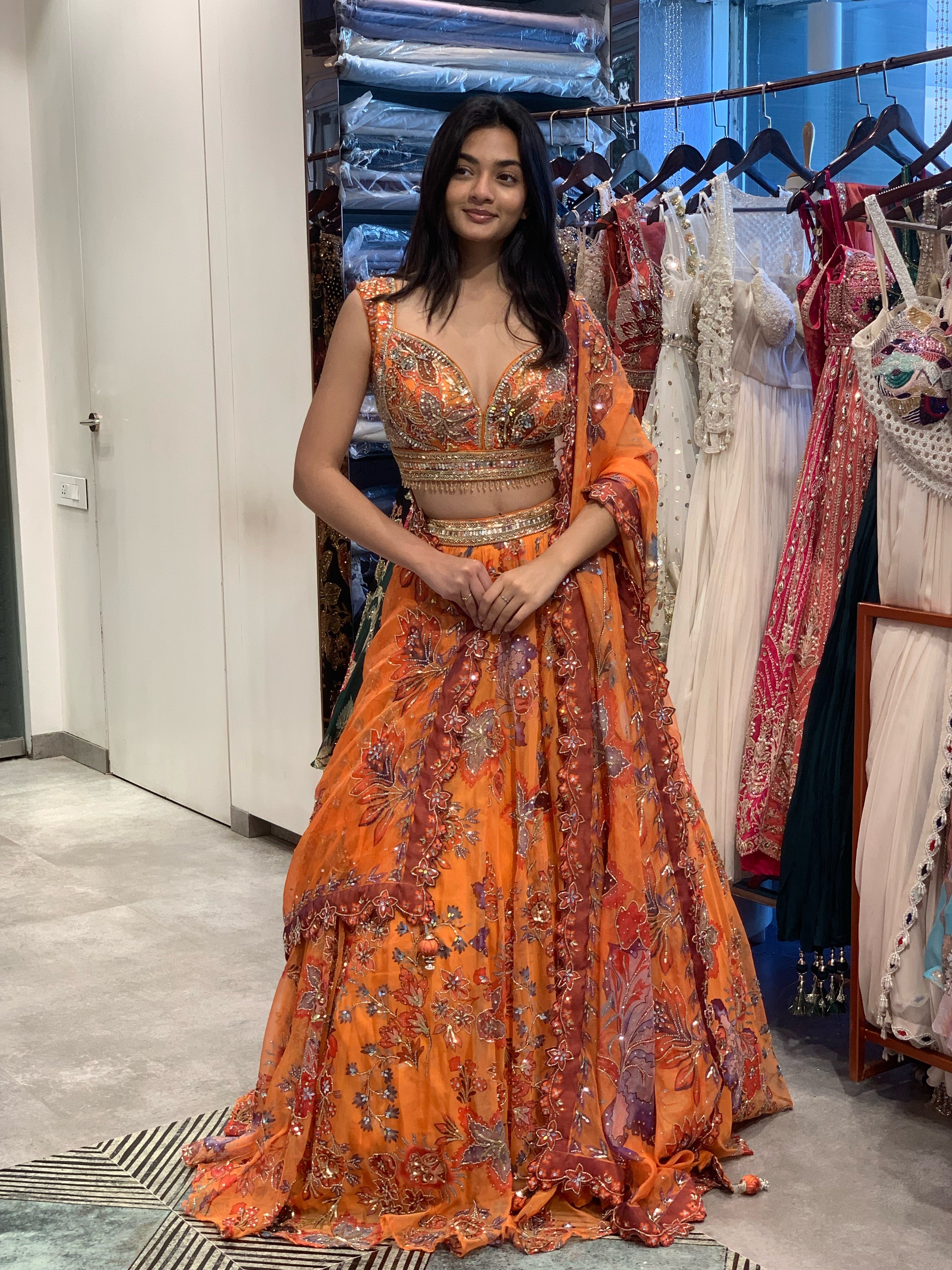 Orange Mahima Mahajan Inspired Soft Organza Blouse & Lehenga