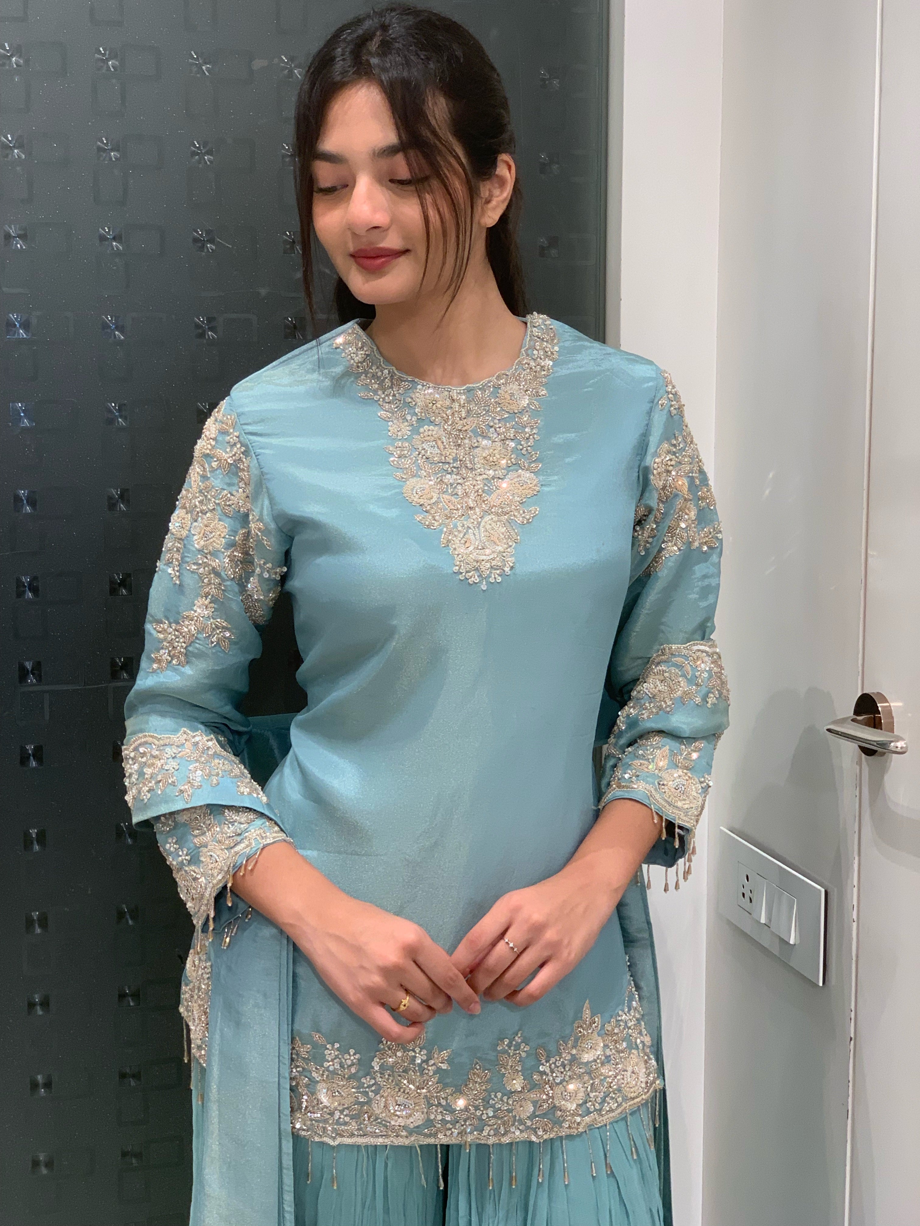 Blue Short Kurti & Bell Bottom Pants Indo Western Set