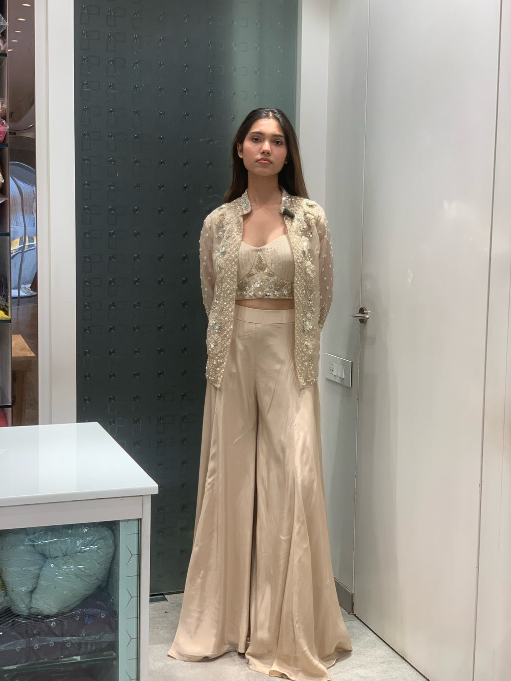 Beige Georgette Crop Top, Jacket & Flared Pants Indo Western Set