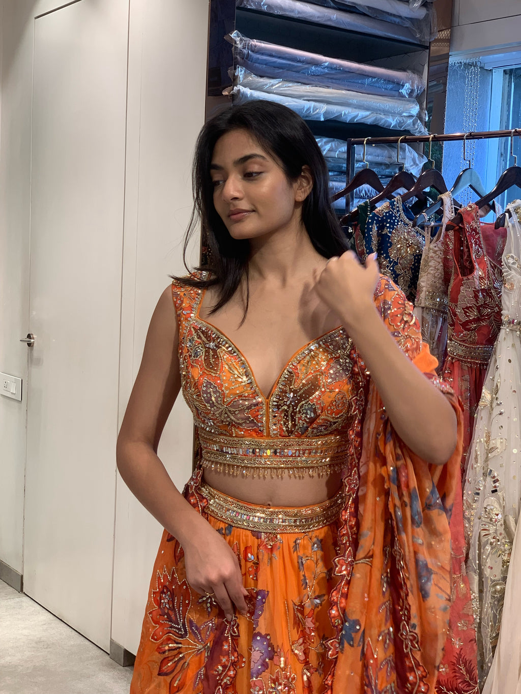 Orange Mahima Mahajan Inspired Soft Organza Blouse & Lehenga