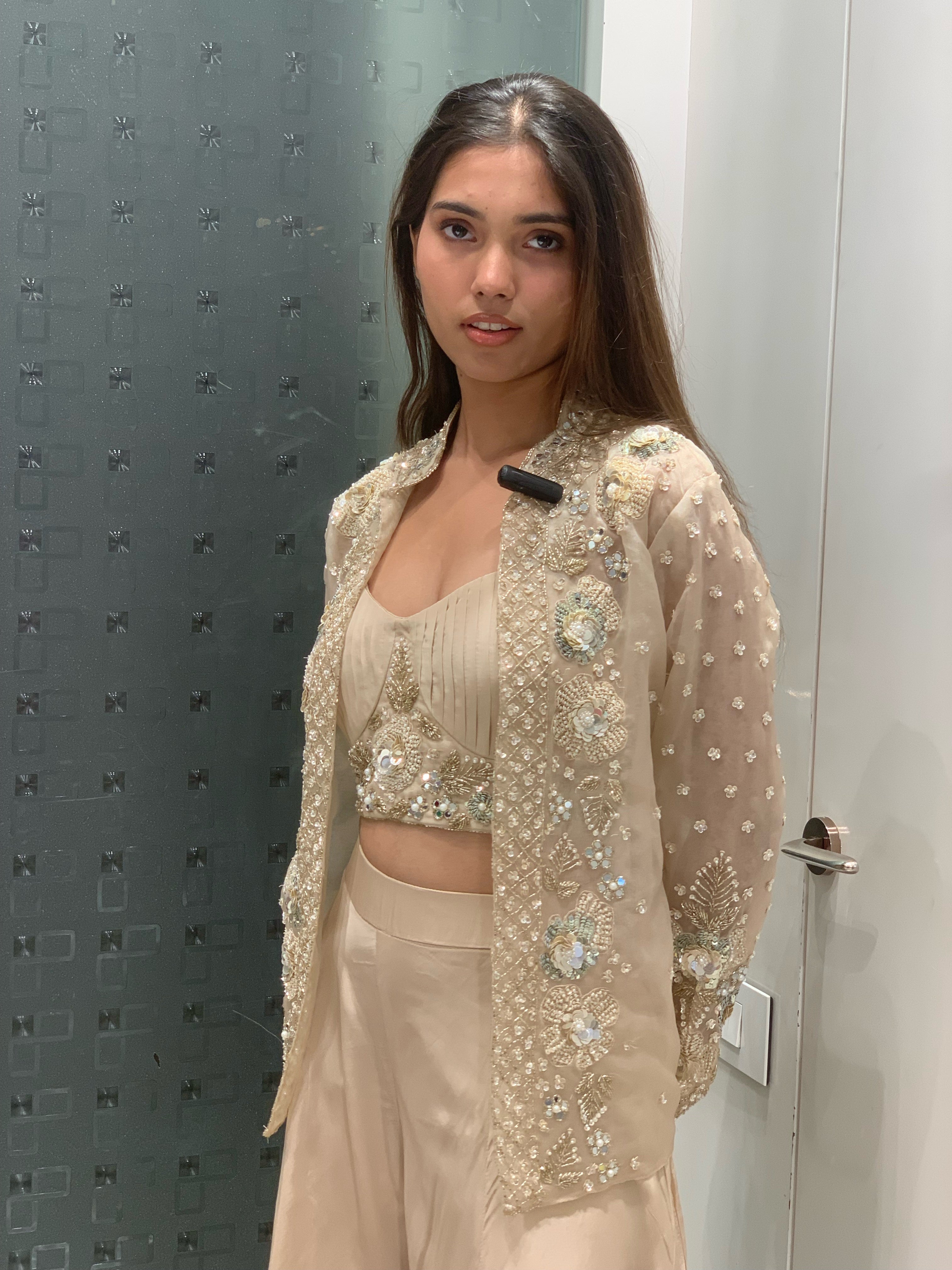 Beige Georgette Crop Top, Jacket & Flared Pants Indo Western Set