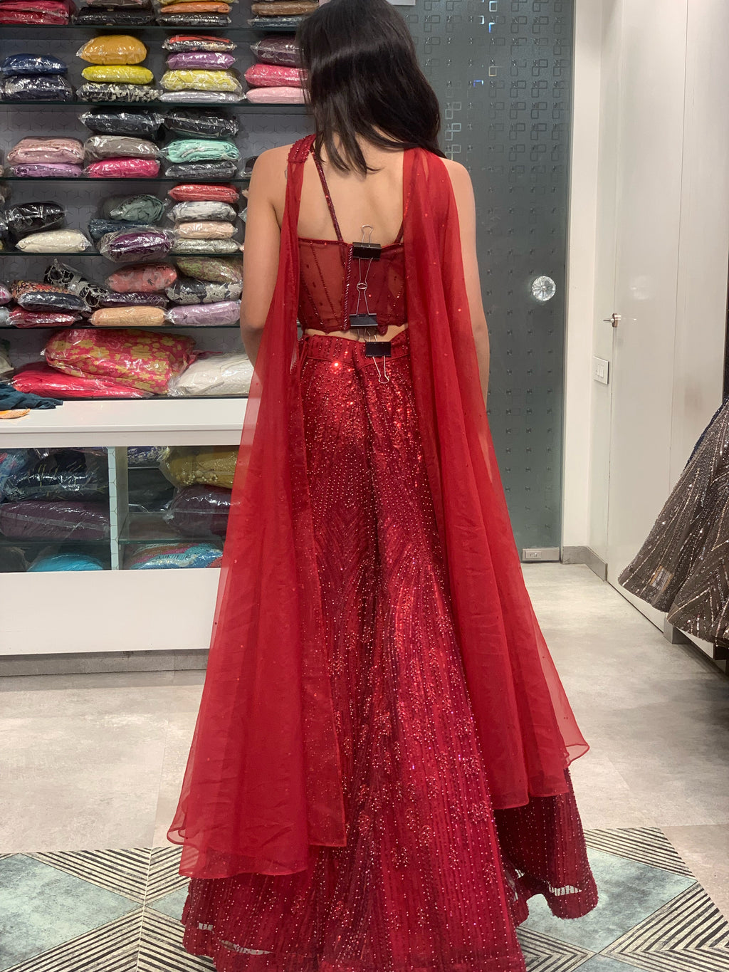 Red Net Corset & Fish Cut Lehenga