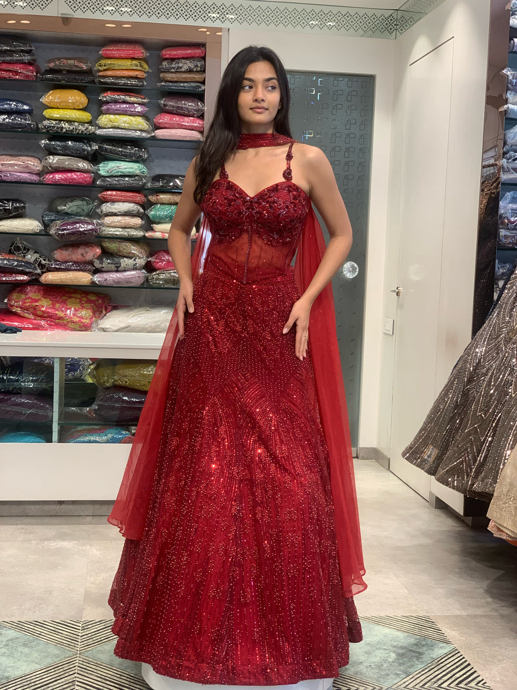 Red Net Corset & Fish Cut Lehenga