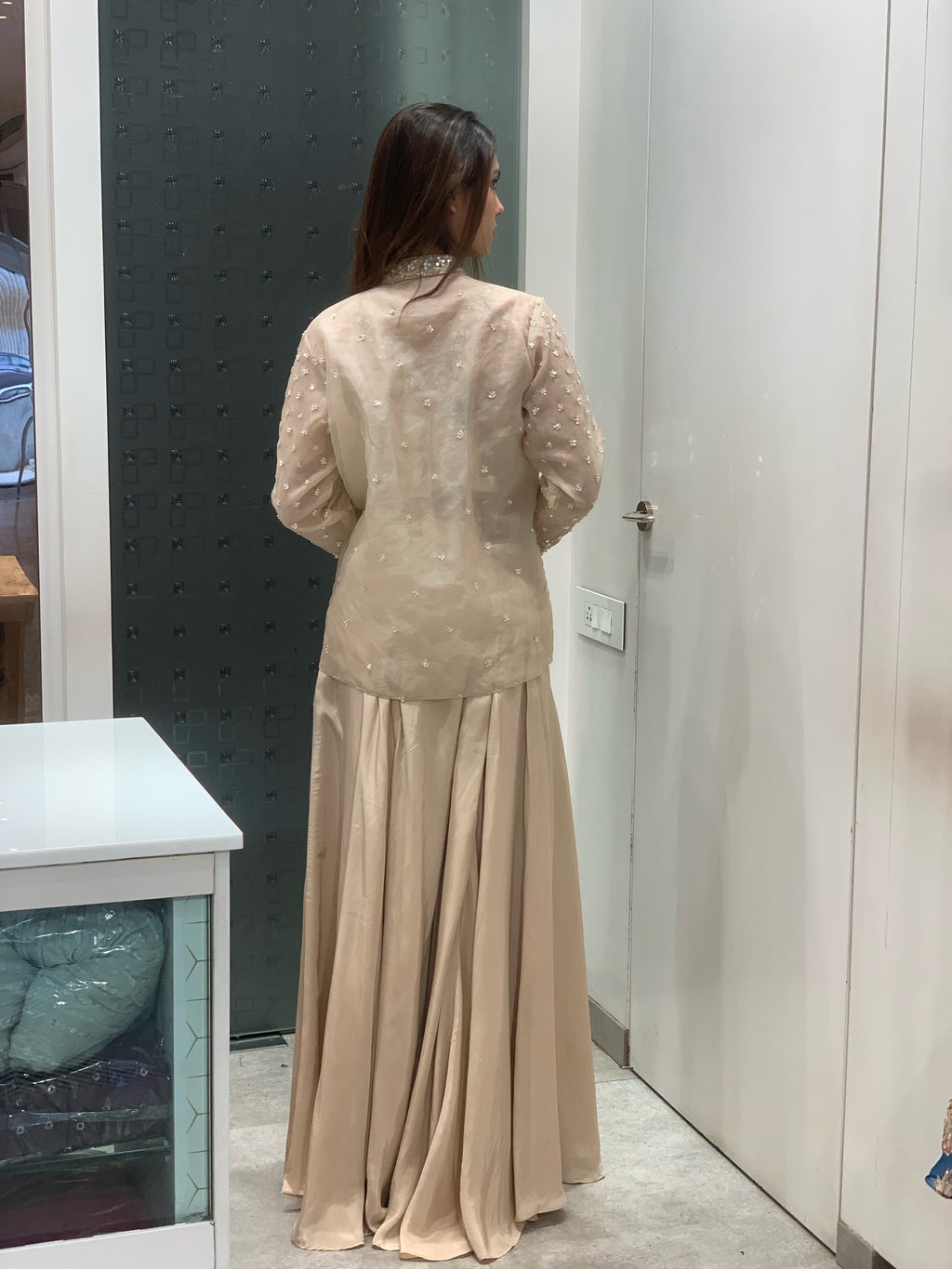 Beige Georgette Crop Top, Jacket & Flared Pants Indo Western Set