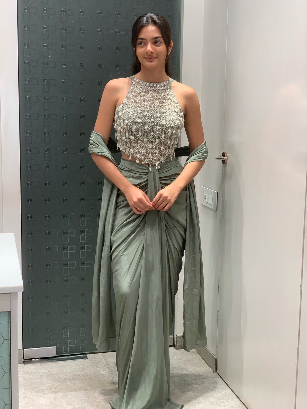 Sea Green Satin Pearl Work Halter Neck Top & Drape Skirt Indo Western Set