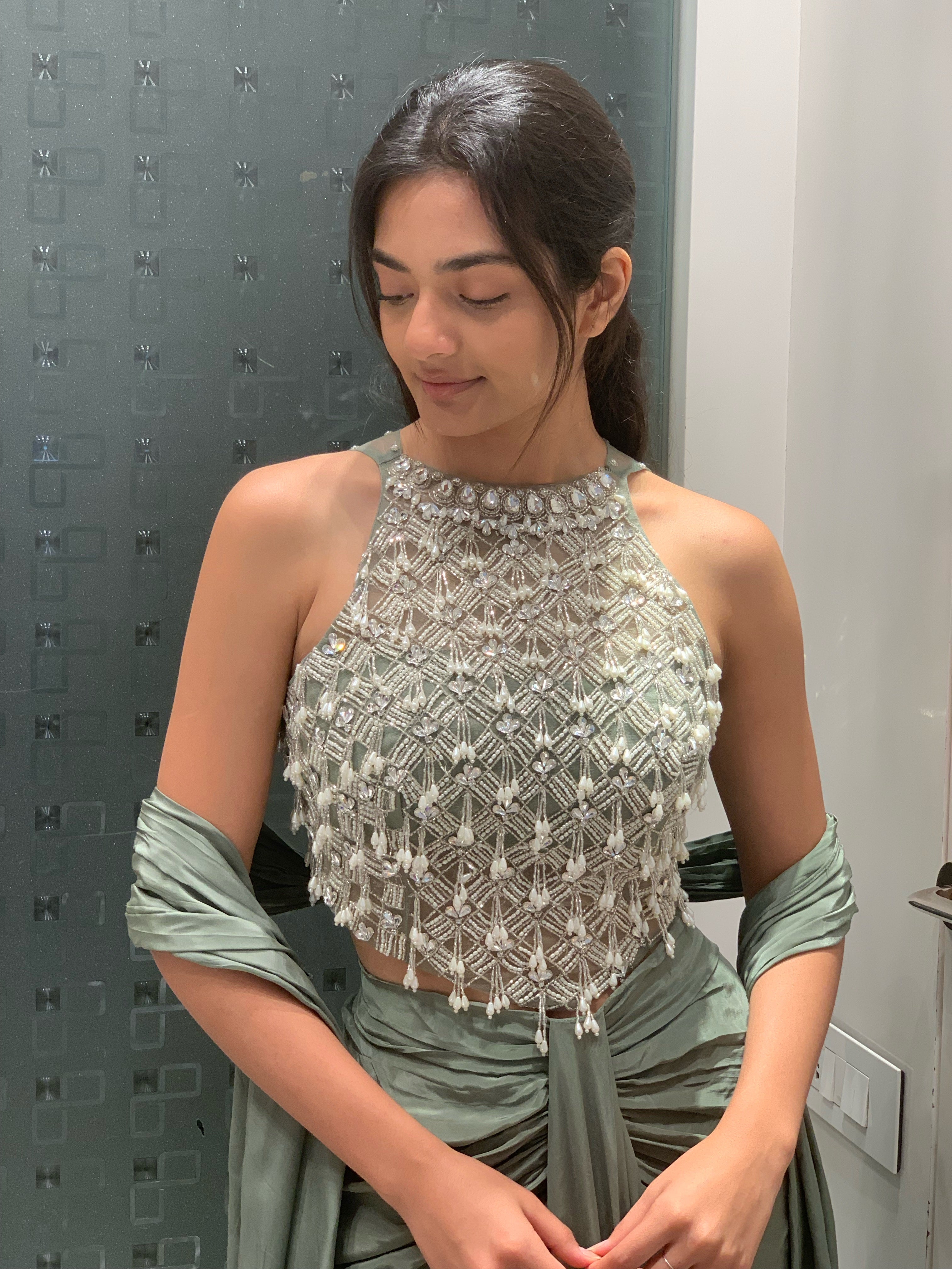 Sea Green Satin Pearl Work Halter Neck Top & Drape Skirt Indo Western Set