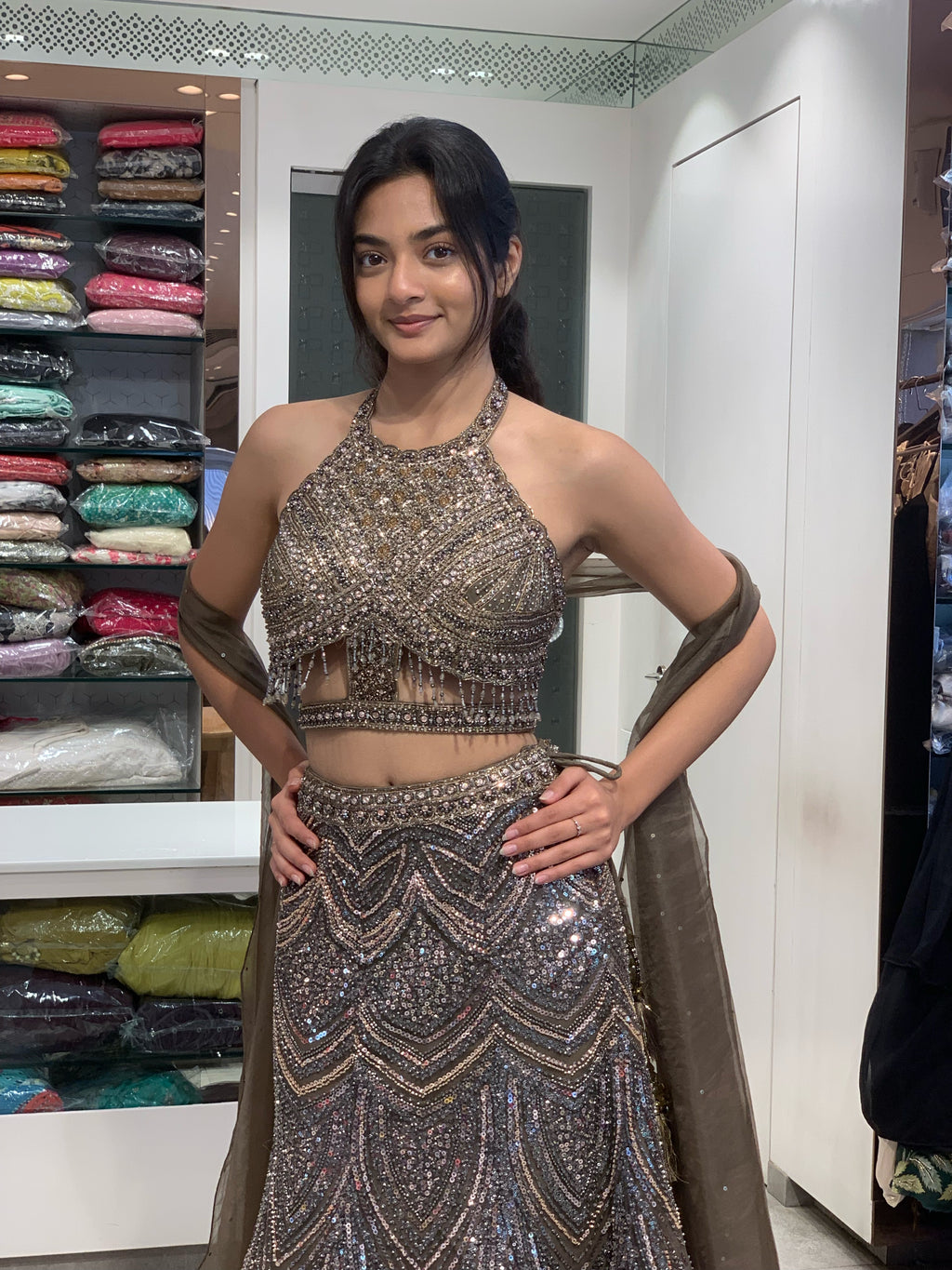 Dark Brown Net Complete Handwork Halter Neck Top & Fish Cut Lehenga