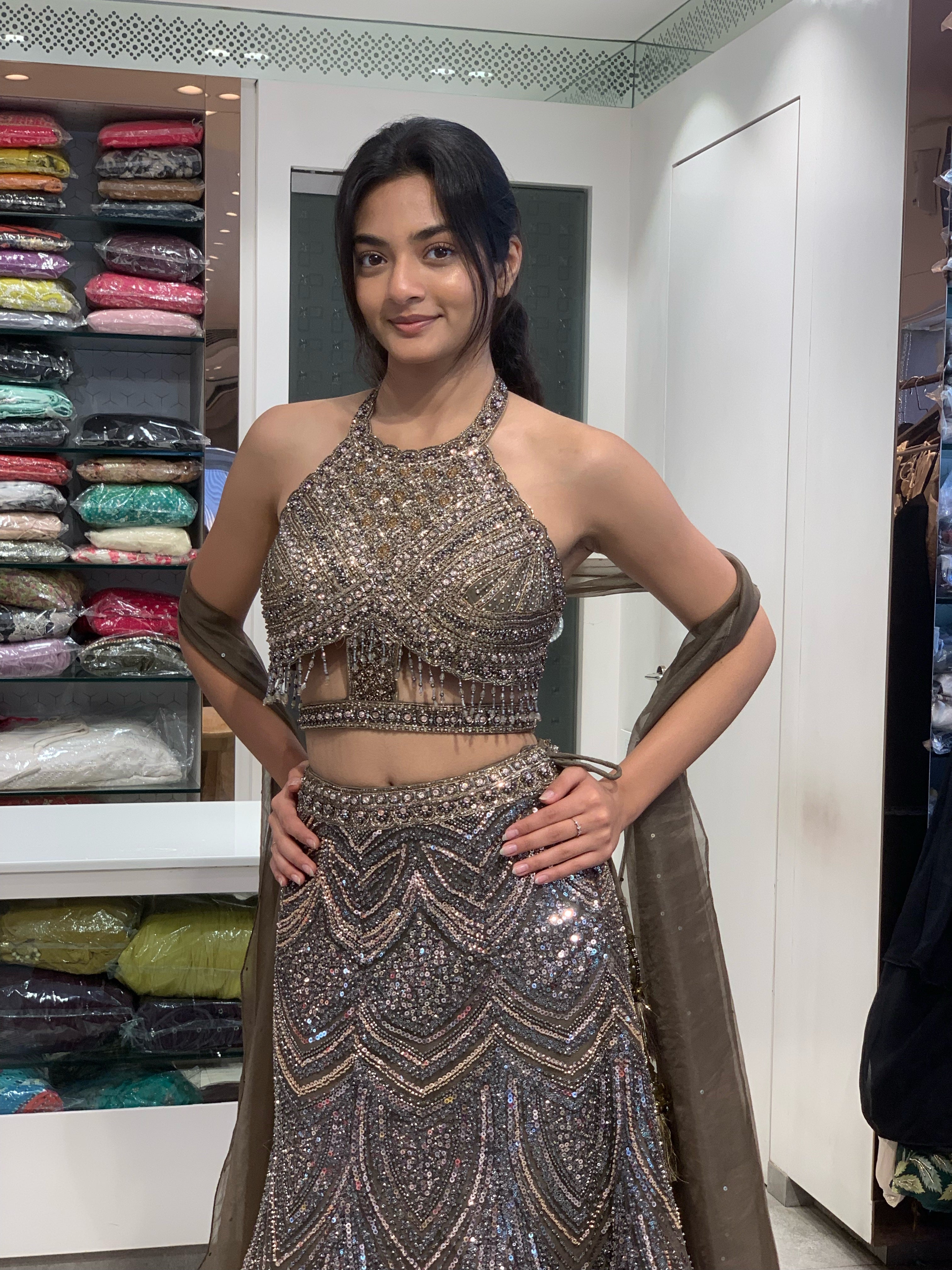 Dark Brown Net Complete Handwork Halter Neck Top & Fish Cut Lehenga