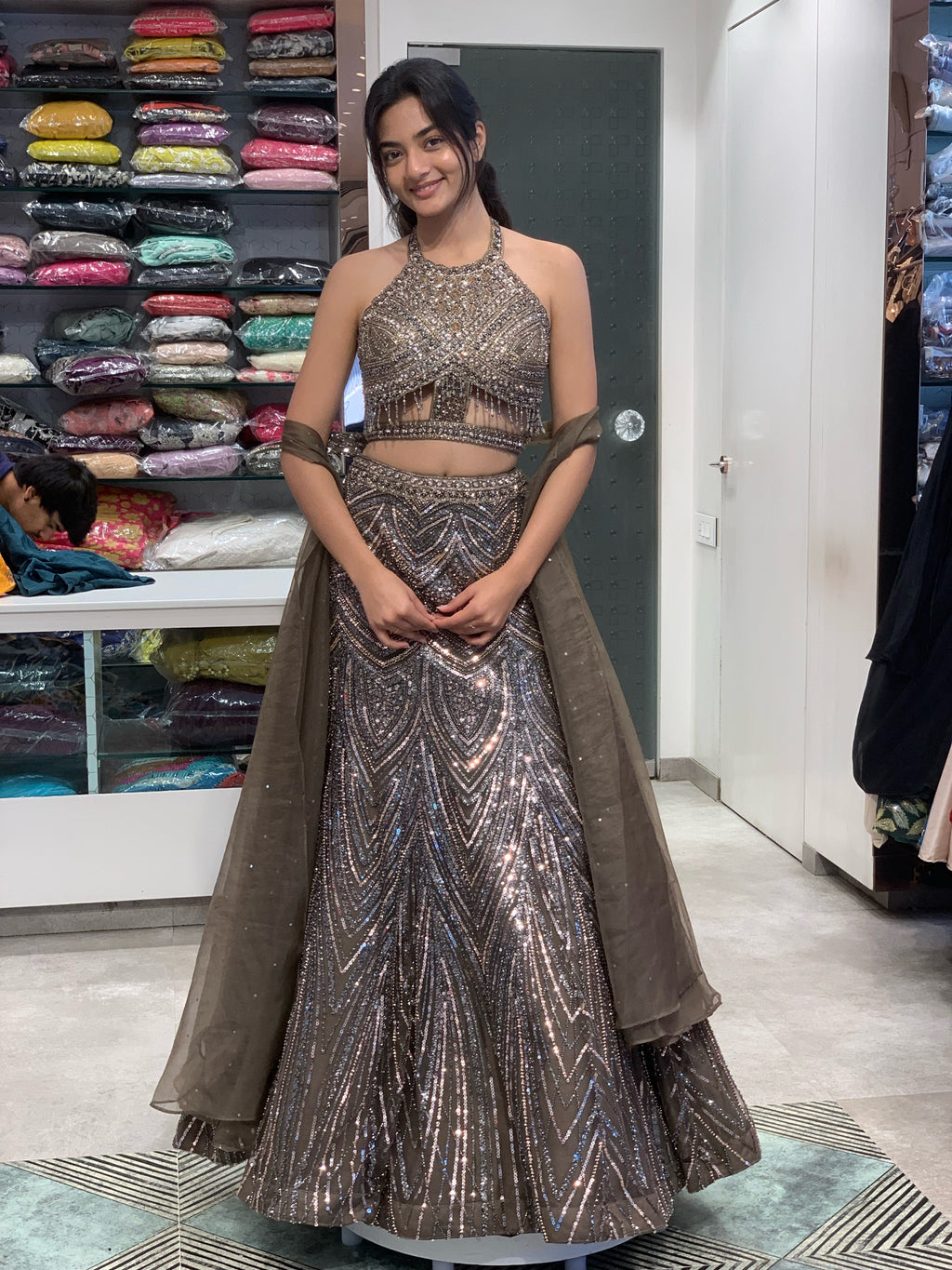 Dark Brown Net Complete Handwork Halter Neck Top & Fish Cut Lehenga