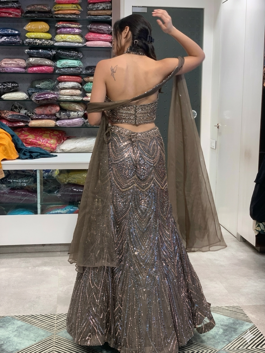 Dark Brown Net Complete Handwork Halter Neck Top & Fish Cut Lehenga