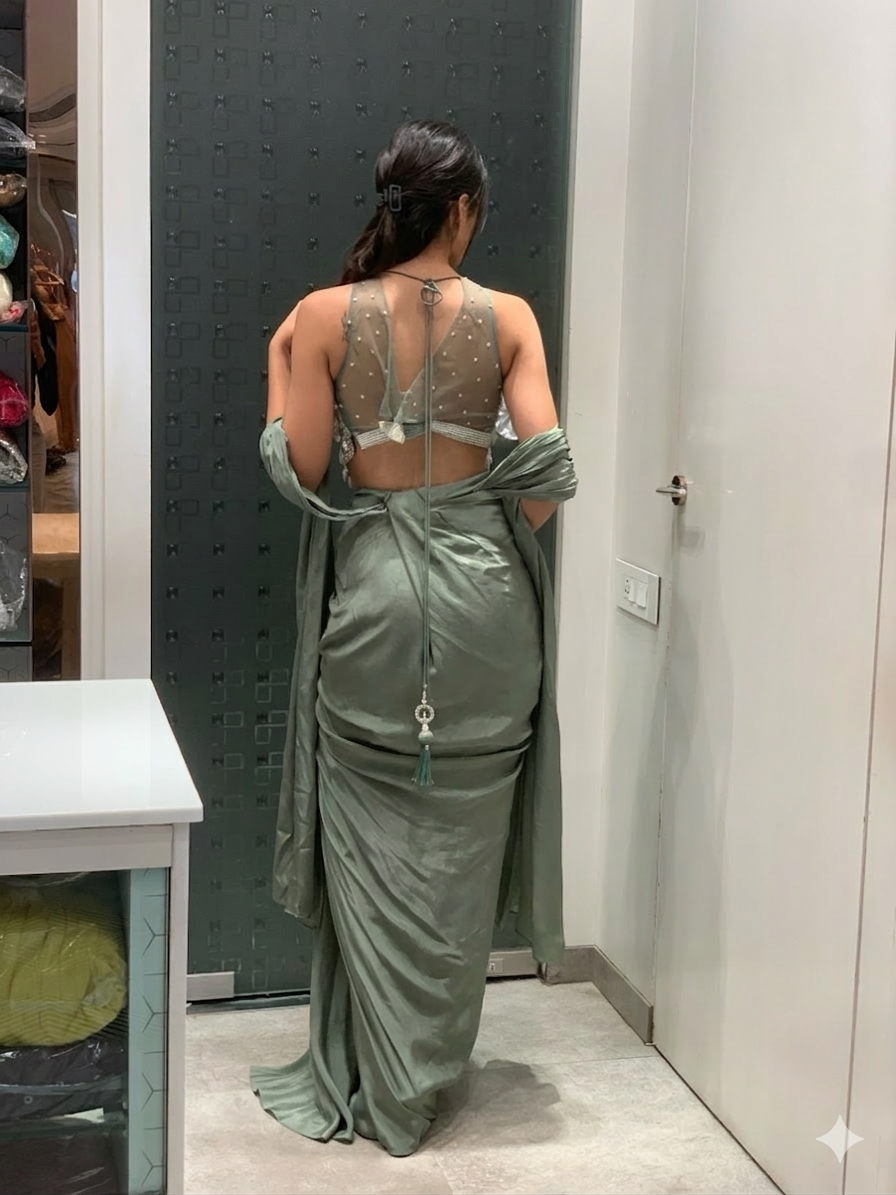 Sea Green Satin Pearl Work Halter Neck Top & Drape Skirt Indo Western Set
