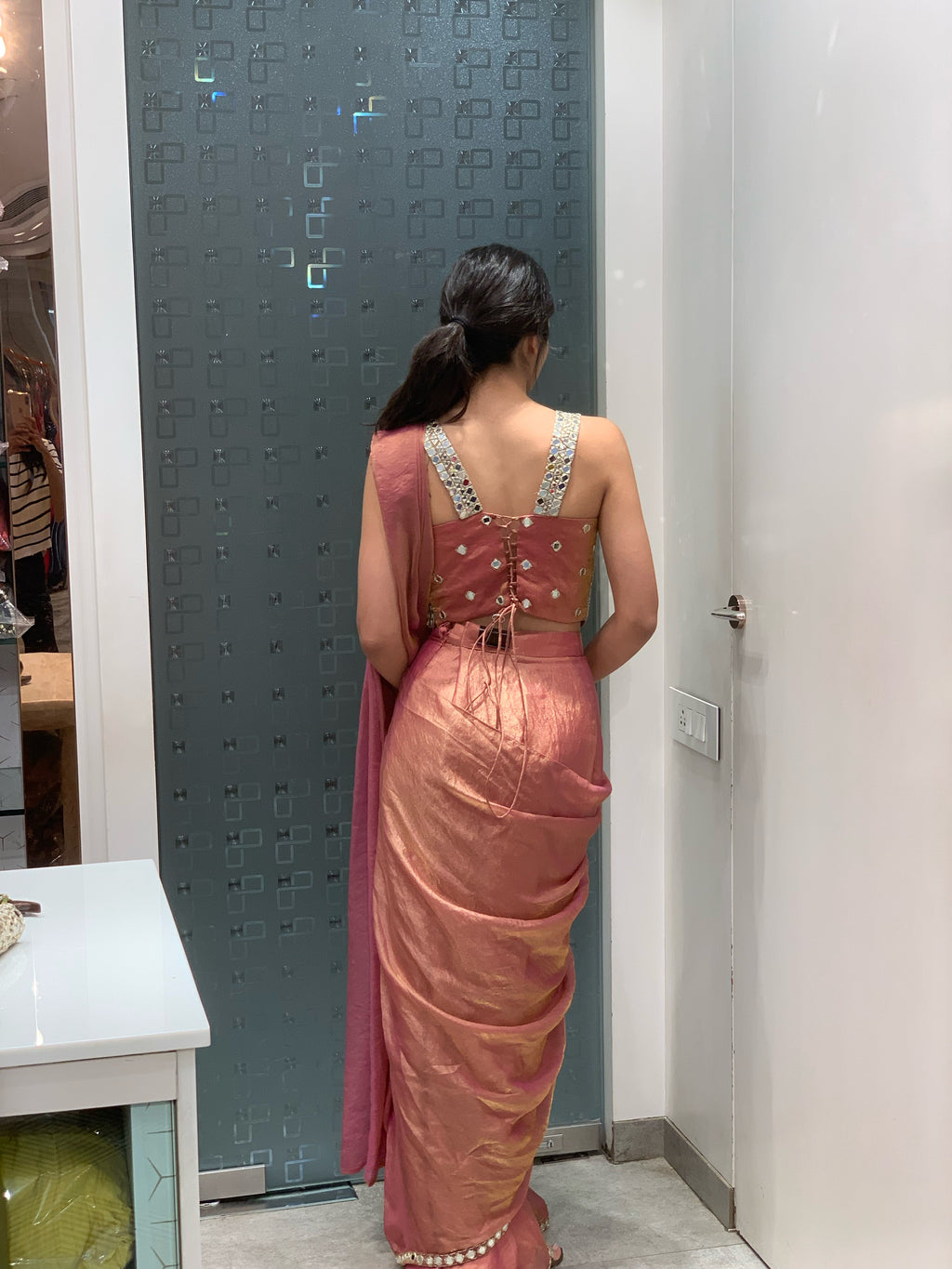 Rose Gold Tissue Dull Mirror Work Blouse & Drape Saree