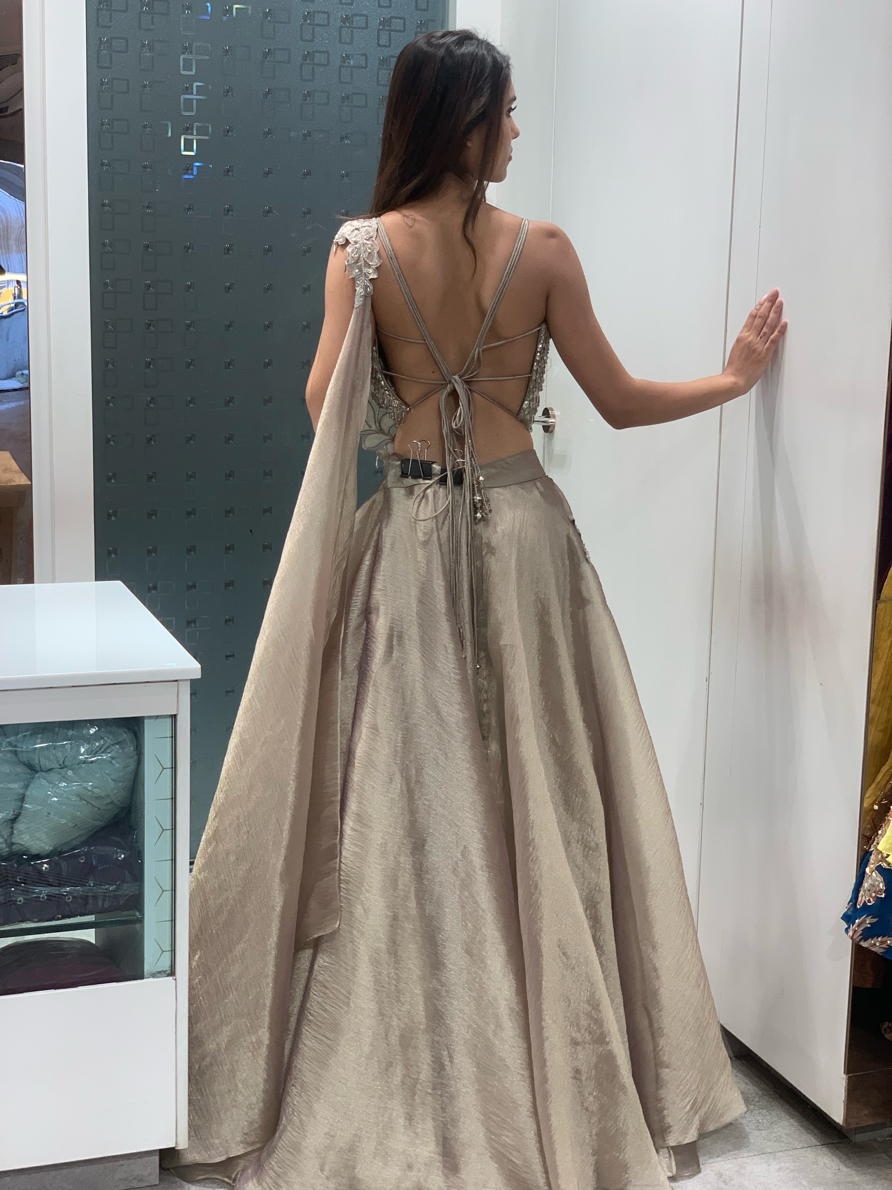 Silver Soft Organza Crop Top & Lehenga Drape