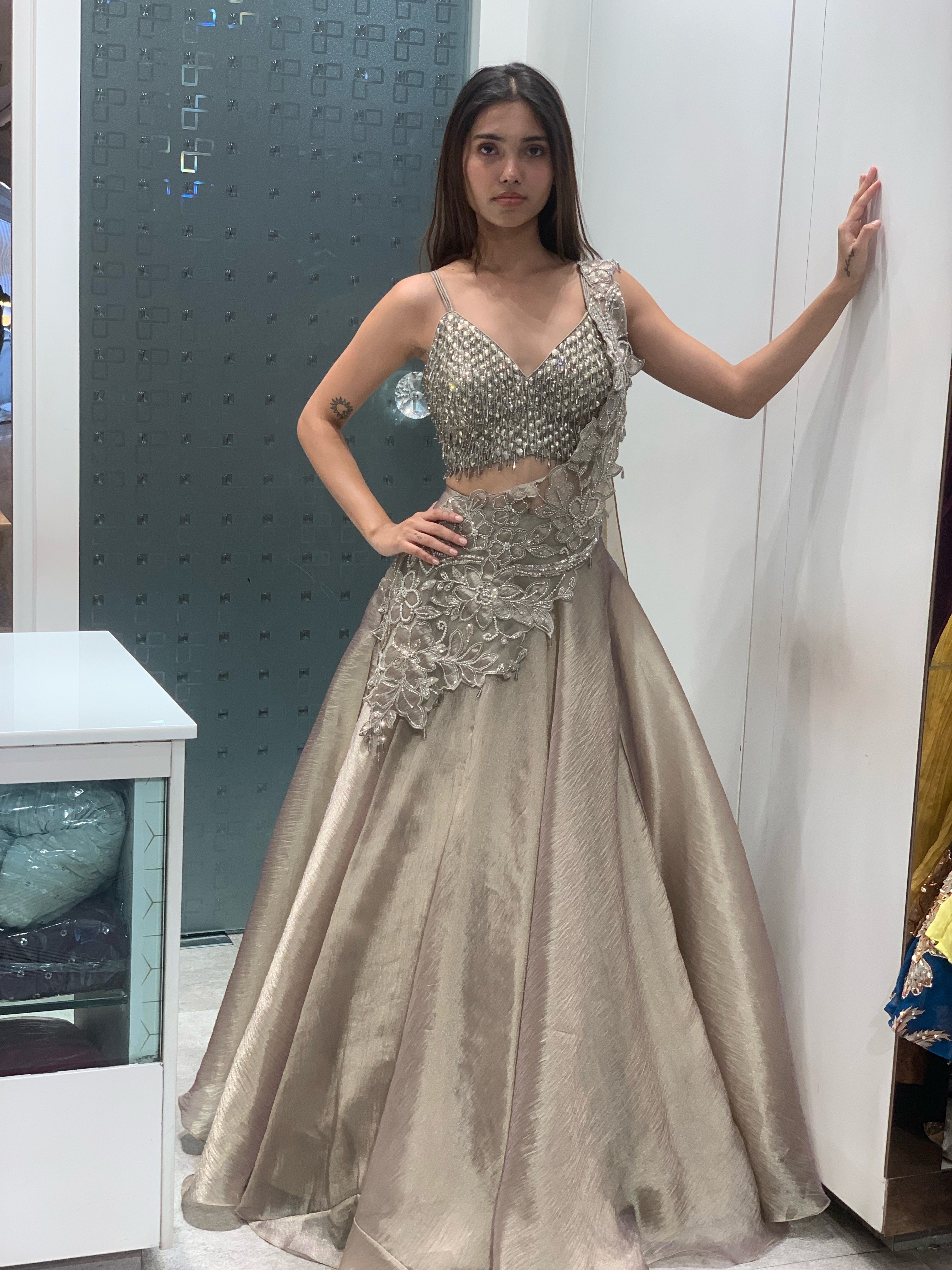 Silver Soft Organza Crop Top & Lehenga Drape