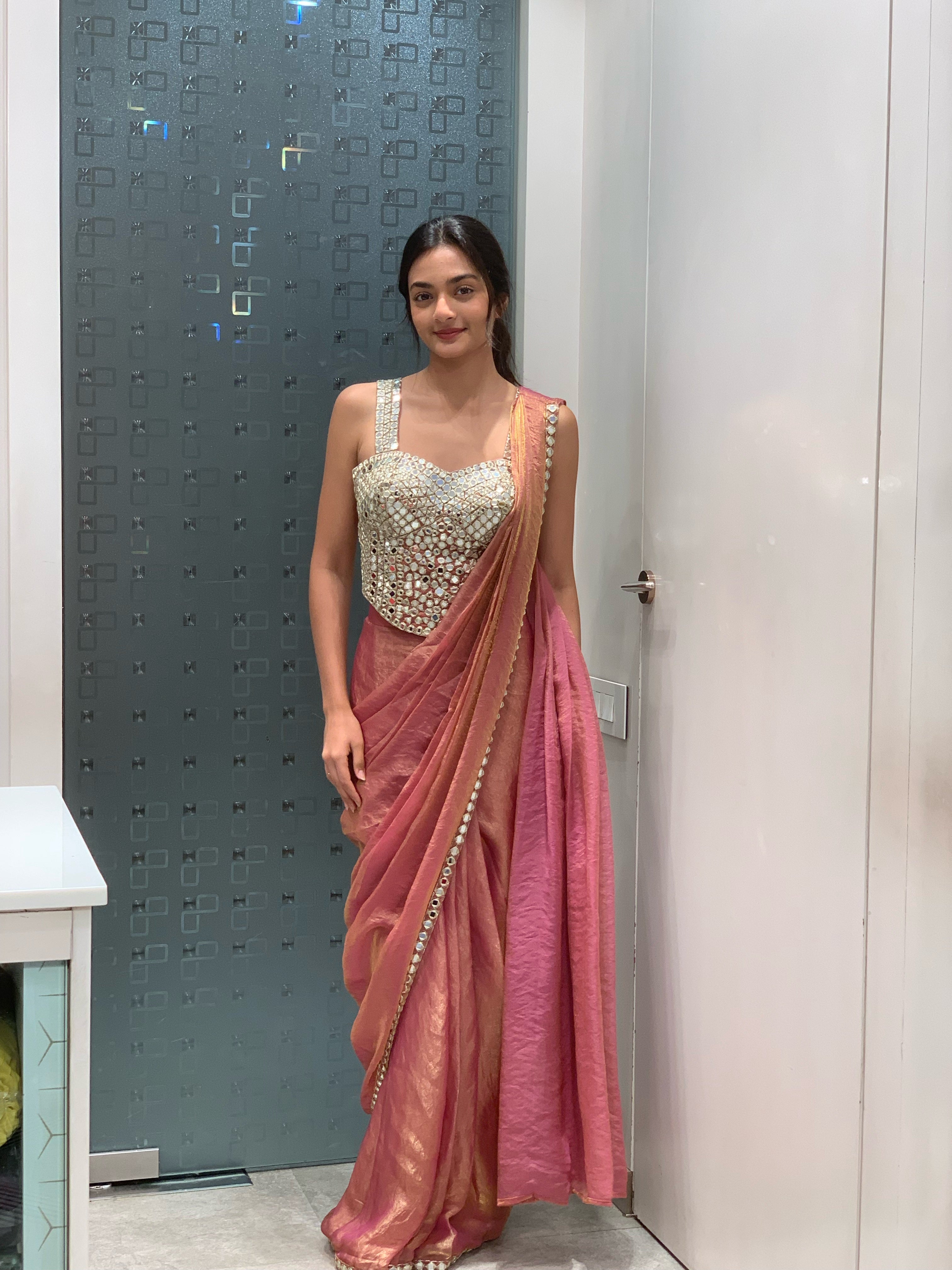 Rose Gold Tissue Dull Mirror Work Blouse & Drape Saree