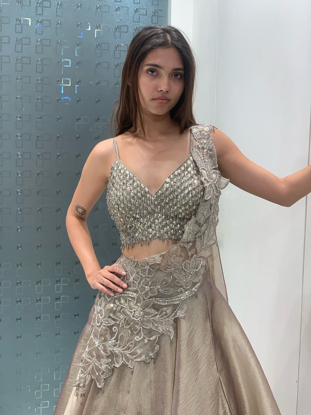 Silver Soft Organza Crop Top & Lehenga Drape
