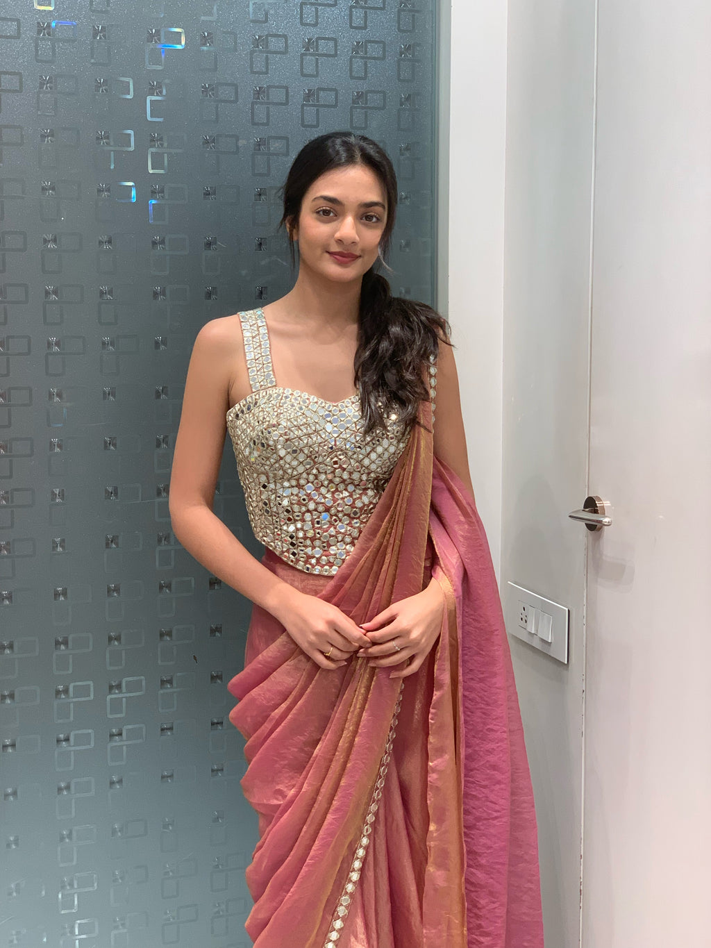 Rose Gold Tissue Dull Mirror Work Blouse & Drape Saree