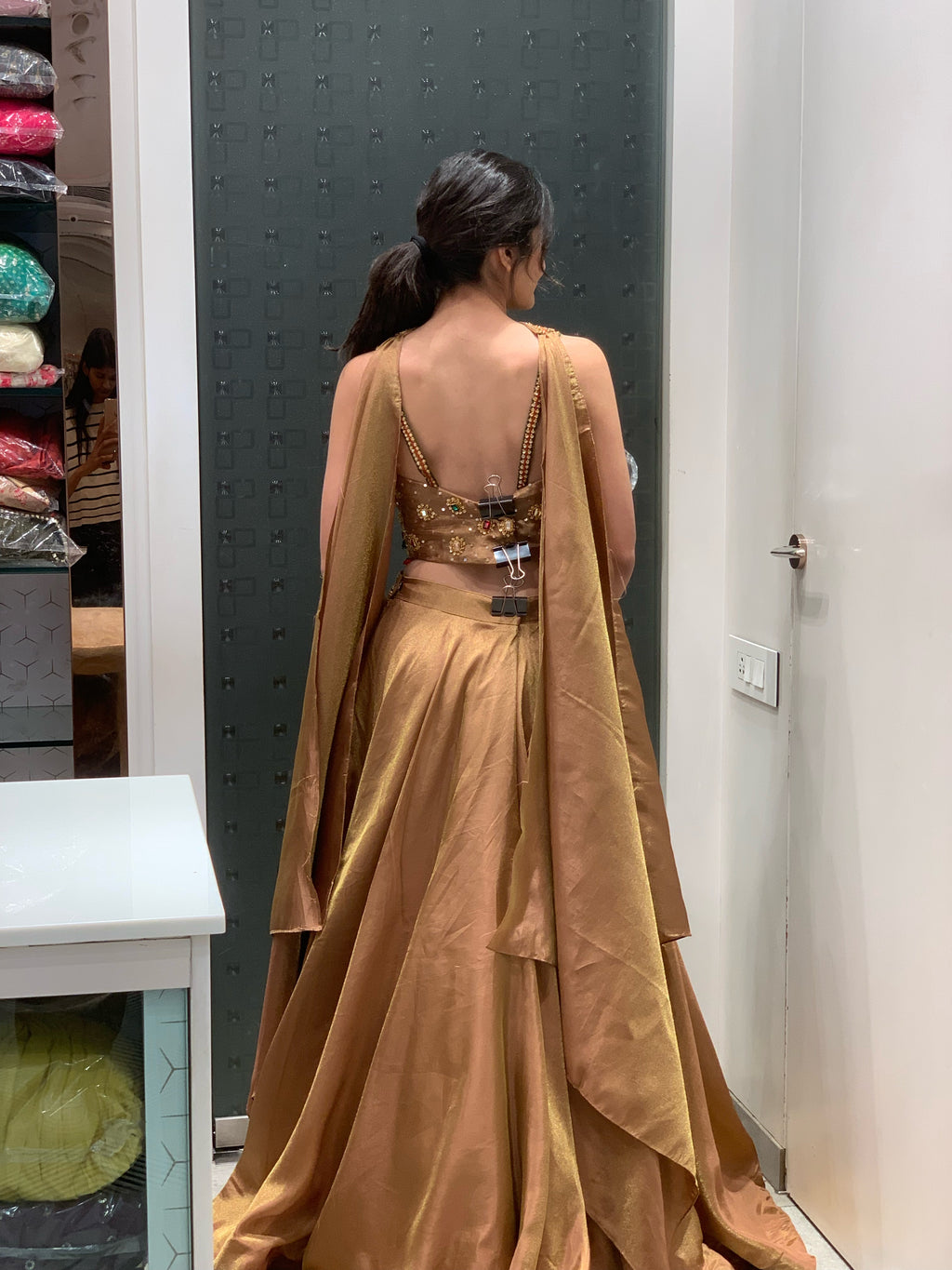 Gold Tissue Complete Stone & Gem Work Blouse & Lehenga