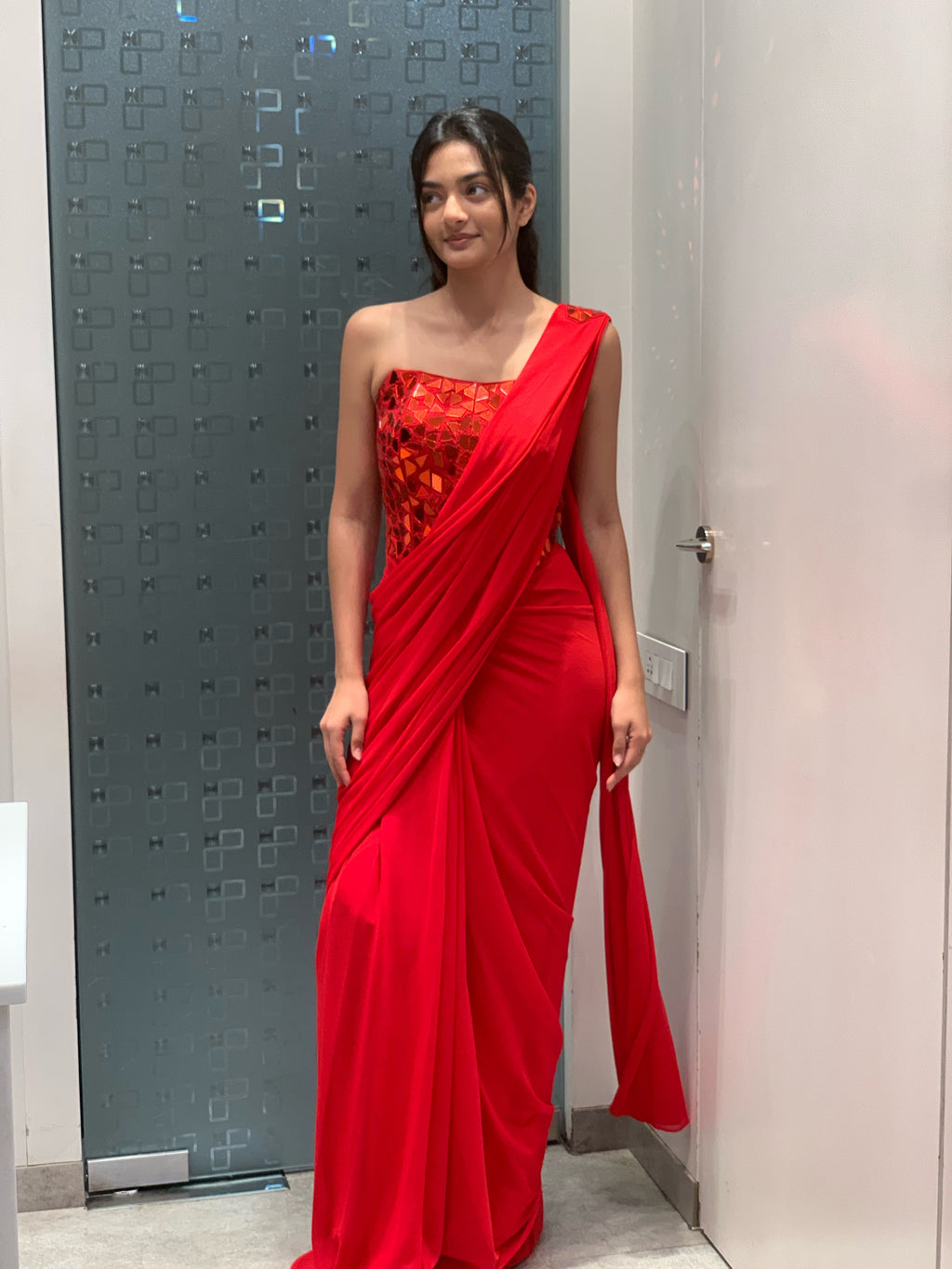 Red Imported Fabric Mirror Work Top & Drape Saree
