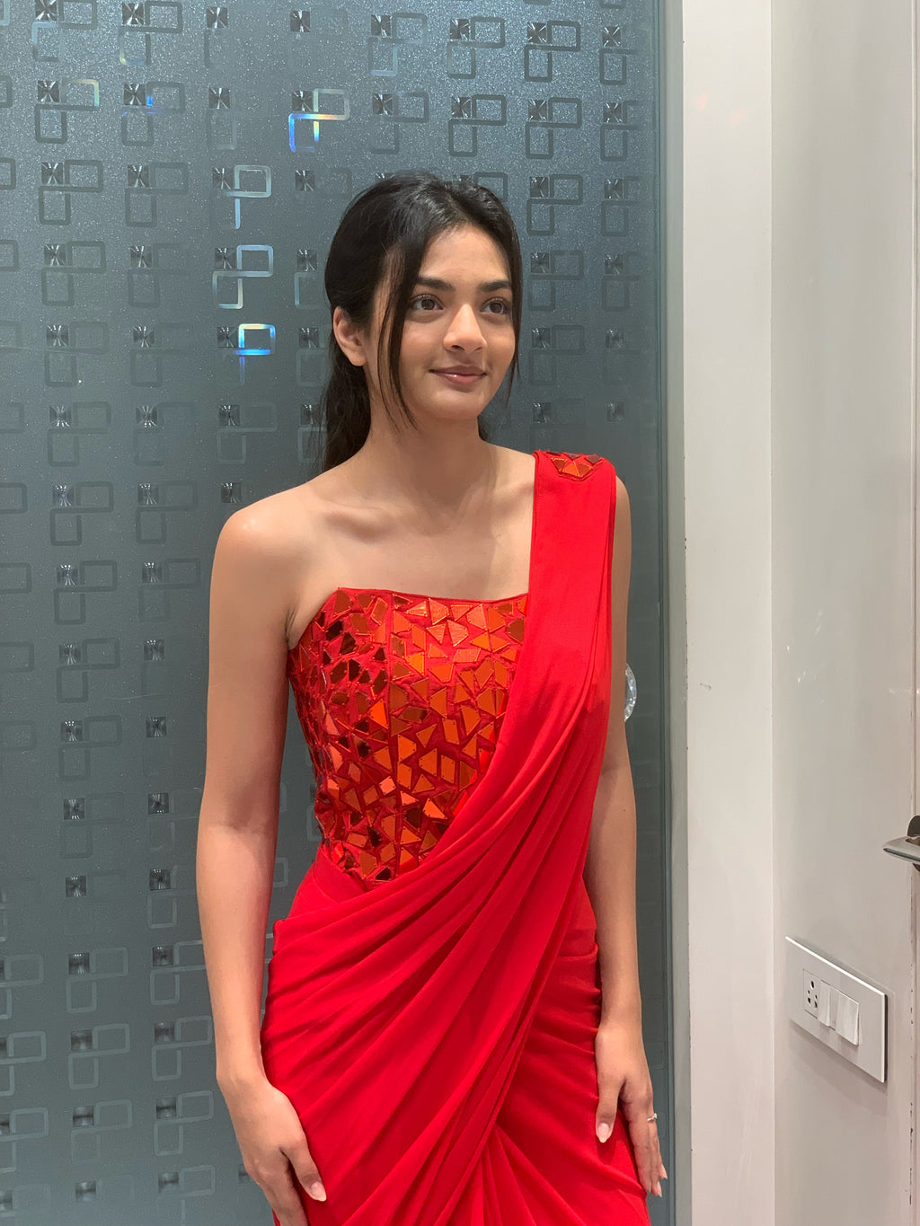 Red Imported Fabric Mirror Work Top & Drape Saree