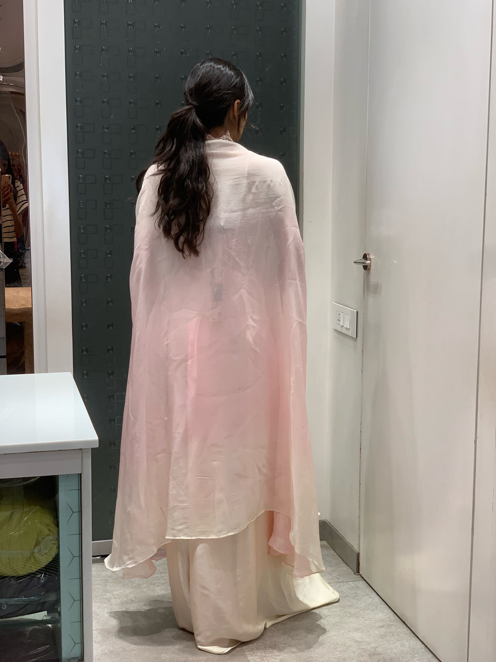 Ombre Pink & White Soft Organza Applique Work Long Corset Top, Drape Skirt & Cape Indo Western Set