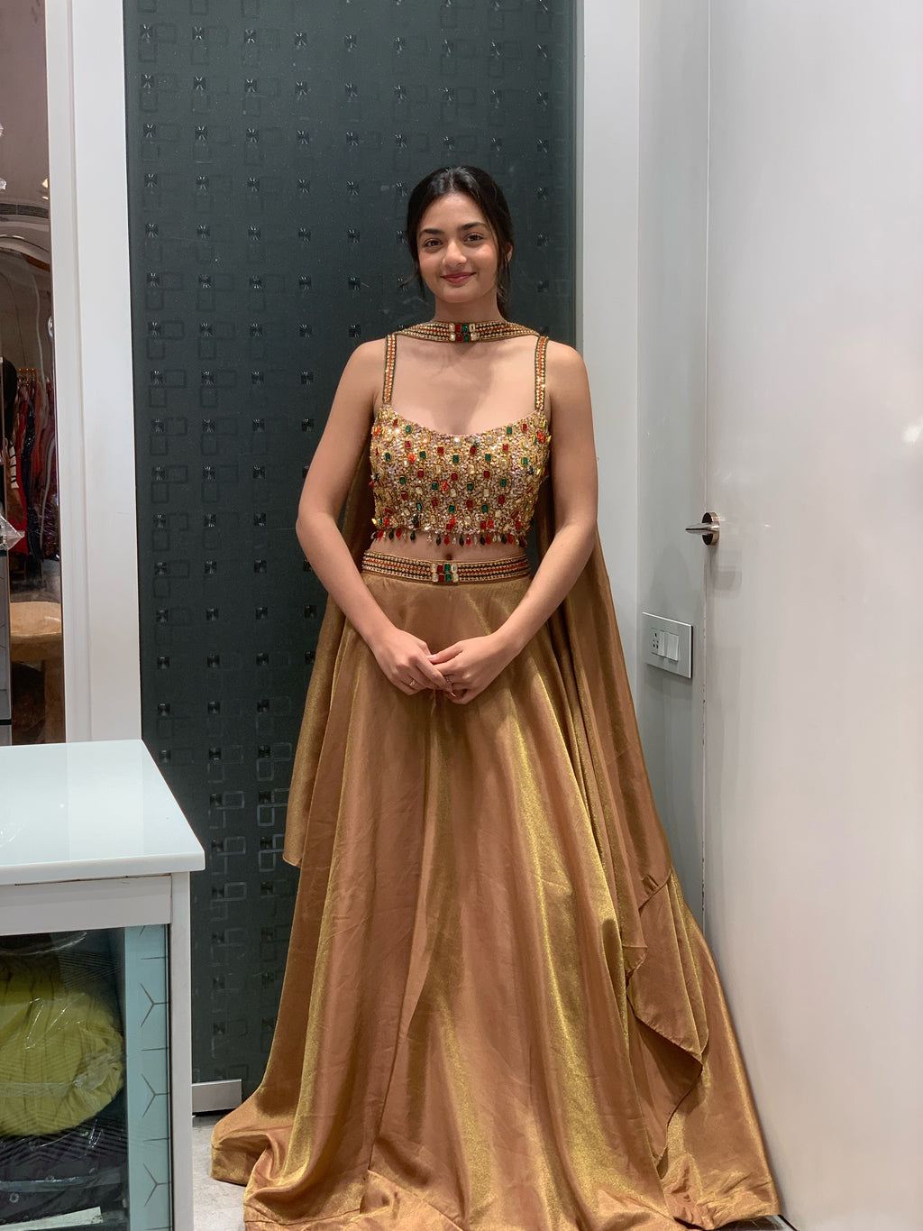 Gold Tissue Complete Stone & Gem Work Blouse & Lehenga