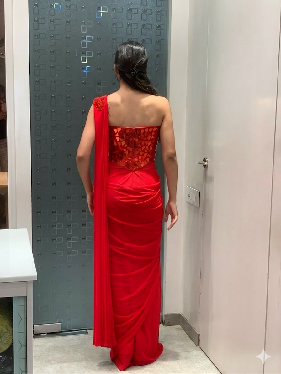 Red Imported Fabric Mirror Work Top & Drape Saree