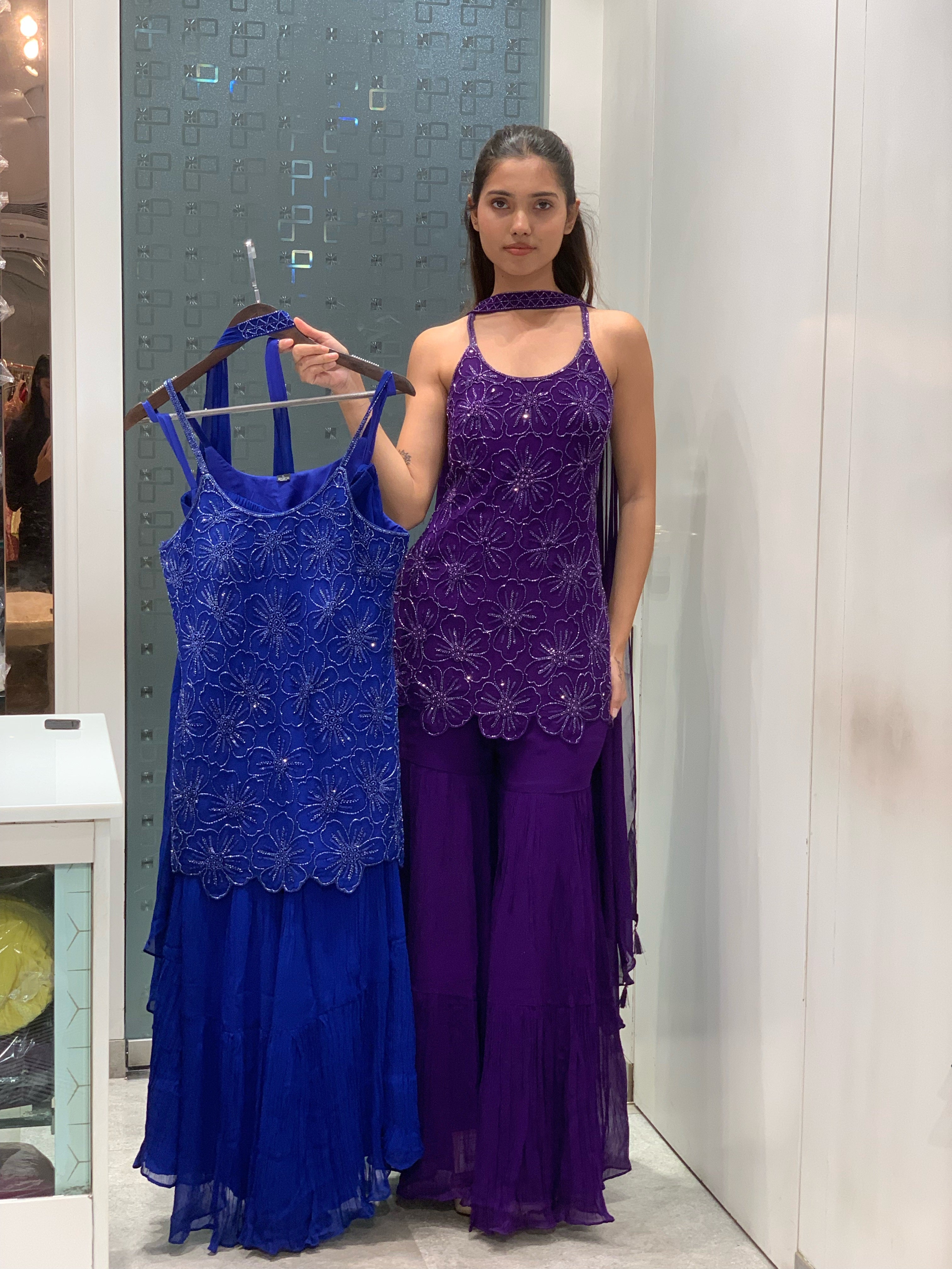Purple & Navy Blue Georgette Short Kurti & Sharara Pants Set