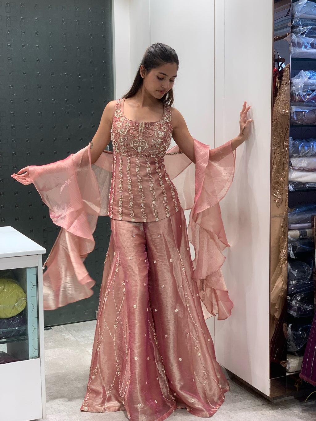 Rose Gold Tissue Handwork Short Kurti & Sharara Set