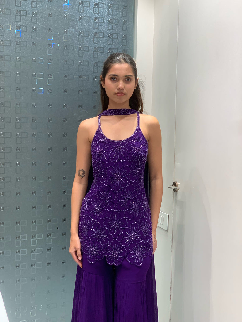 Purple & Navy Blue Georgette Short Kurti & Sharara Pants Set