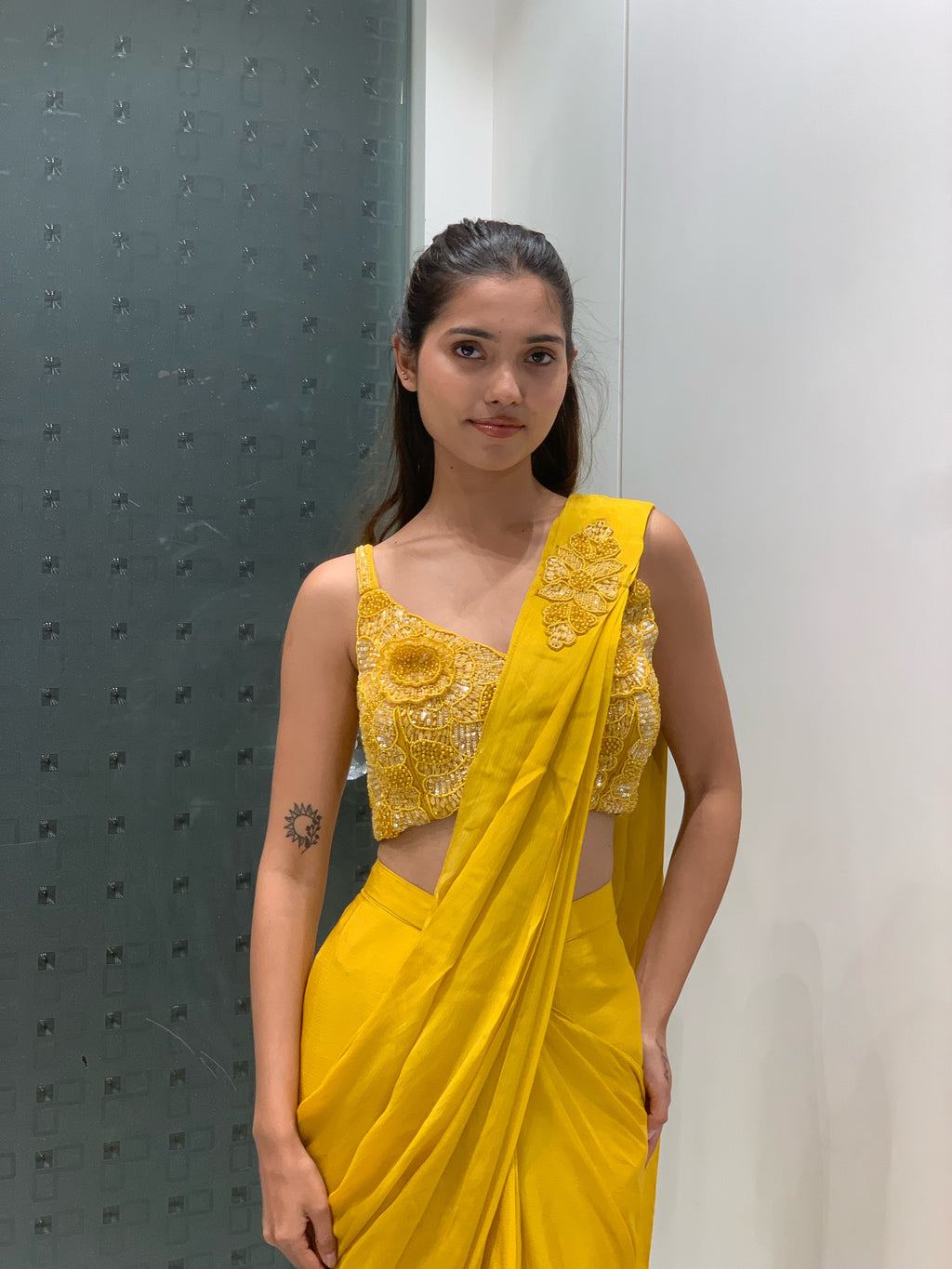 Mustard Imported Satin Crop Top & Drape Saree